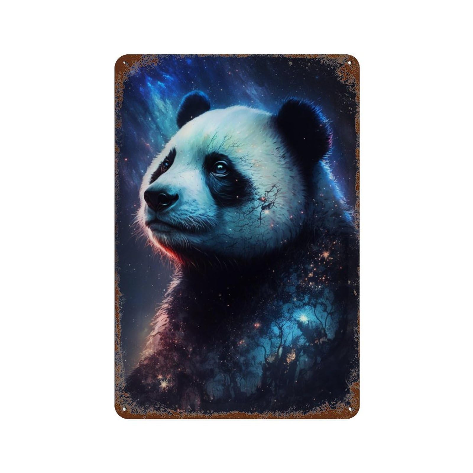 Cosmic Panda Art Print-12 Aged Metal Wall Plaque 11.8"x7.9", Industrial Home Decor for Garage, Pub Or Kitchen