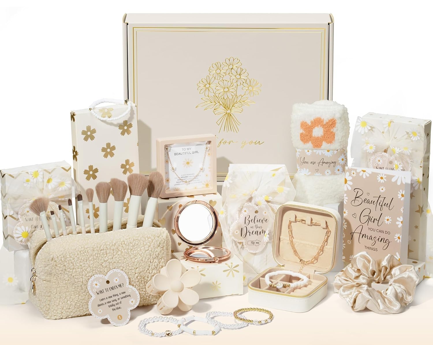 Easter Basket Gifts for Tween & Teen Girls, 8 PCS Birthday Gift Teenage Girl Gifts Trendy Stuff w/Fun Task Tag Makeup Brushes & Bag, Empower Positive Wrapped Gift Prefilled Stuffers for Daughter Niece