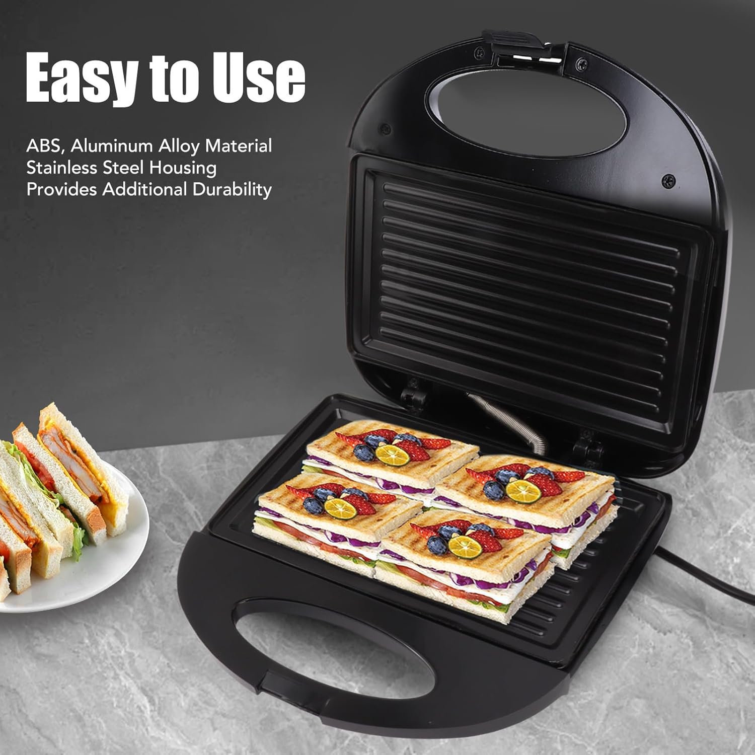 AUNMAS 750W Electric Sandwich Maker, Double Sided Heating Nonstick Breakfast Machine Multifunctional Electric Sandwich Press Grill for Steak and Bread