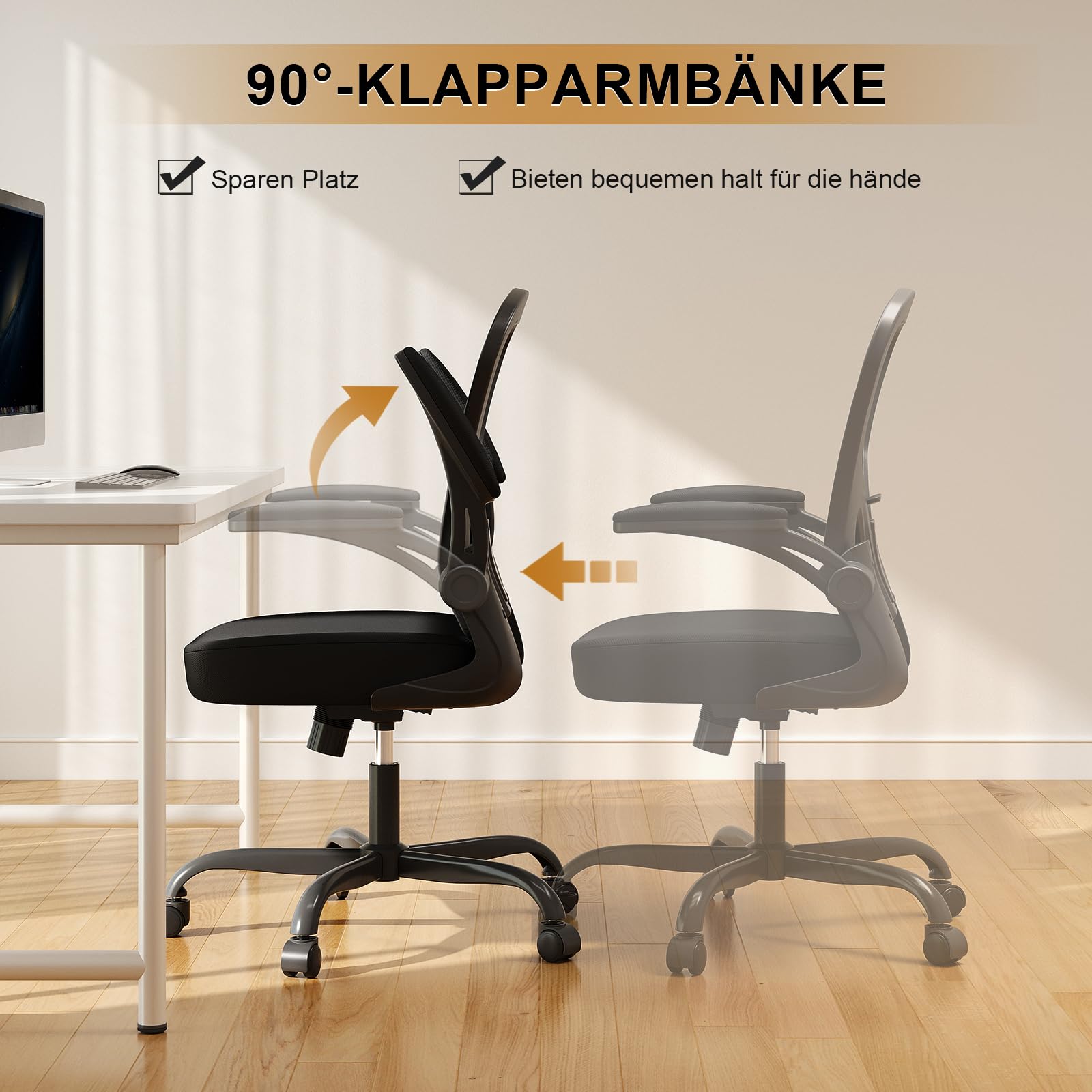 Synorla Bürostuhl Ergonomisch, Schreibtischstuhl mit Tragkraft 150 KG und 90° Hochklappbare Armlehnen, Ergonomischer Bürostuhl mit Höhenverstellbarer Sitzfläche und Verstellbarer Lordosenstütze