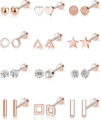 Colección de 12 pares de aretes geométricos tipo dormilona de acero inoxidable con forma de estrella, luna, cruz, bola, triángulo, corazón y