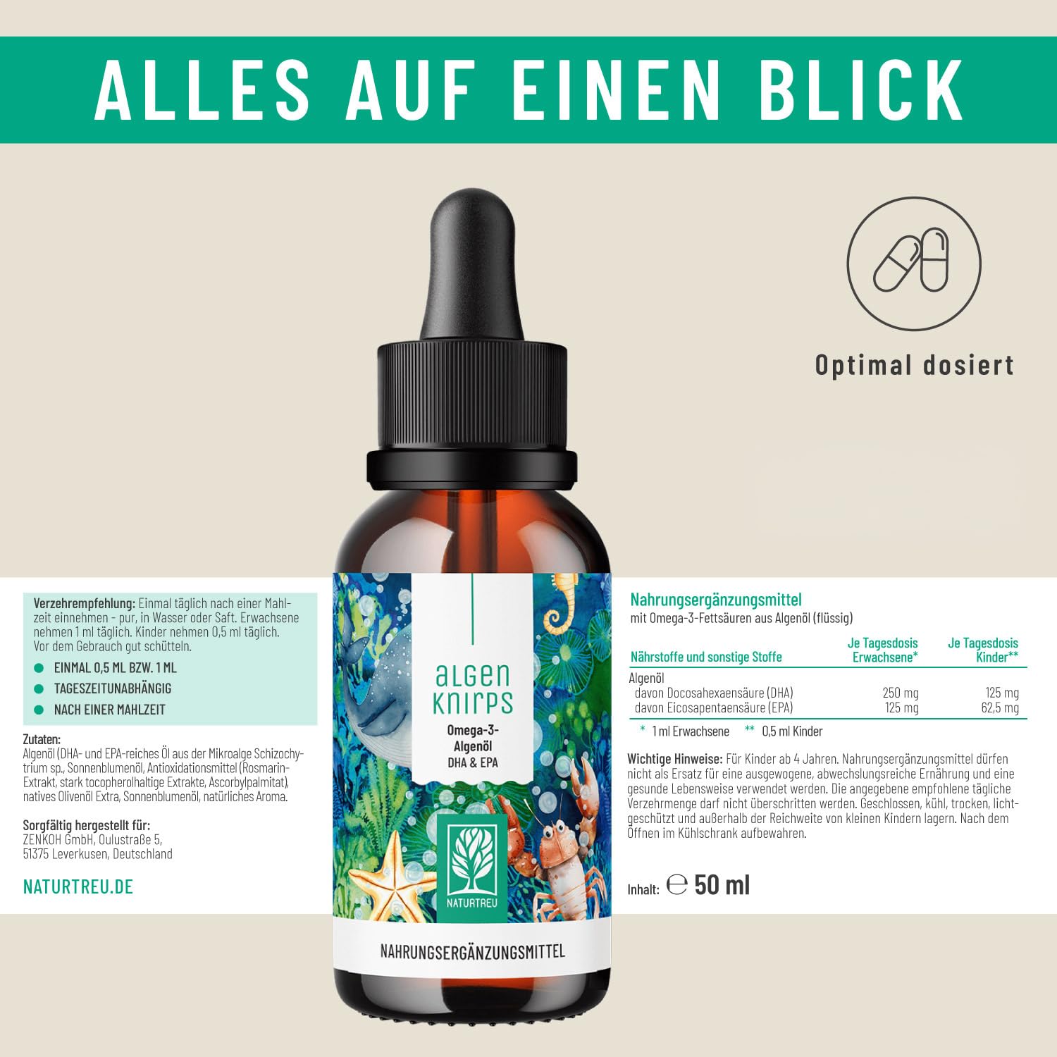 NATURTREU® Omega 3 für Kinder aus Algenöl - Optimiert für Kinder mit leckerem Orangen Geschmack, 250 mg DHA und 125 mg EPA pro Portion - kein Tropfen zählen nötig - Omega 3 Kids - Vegan - 50 Portionen