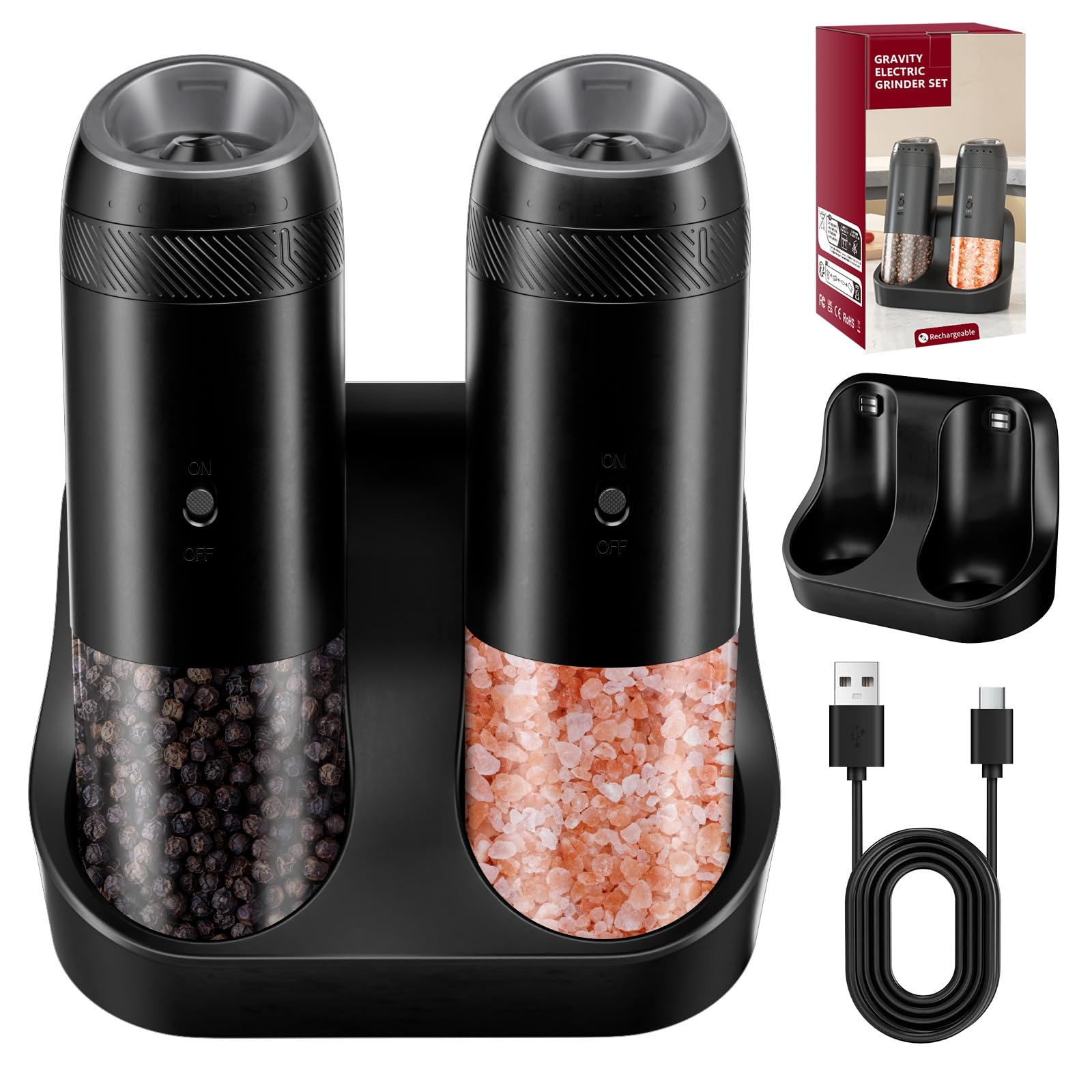 Salz und Pfeffermühlen Elektrisch 2er Set, [176ml große Kapazität] Homtronic Elektrische Pfeffermühle, Gewürzmühlenset Elektrische, USB Aufladung, Einstellbarem Keramikmahlwerk, Automatisches Mahlen