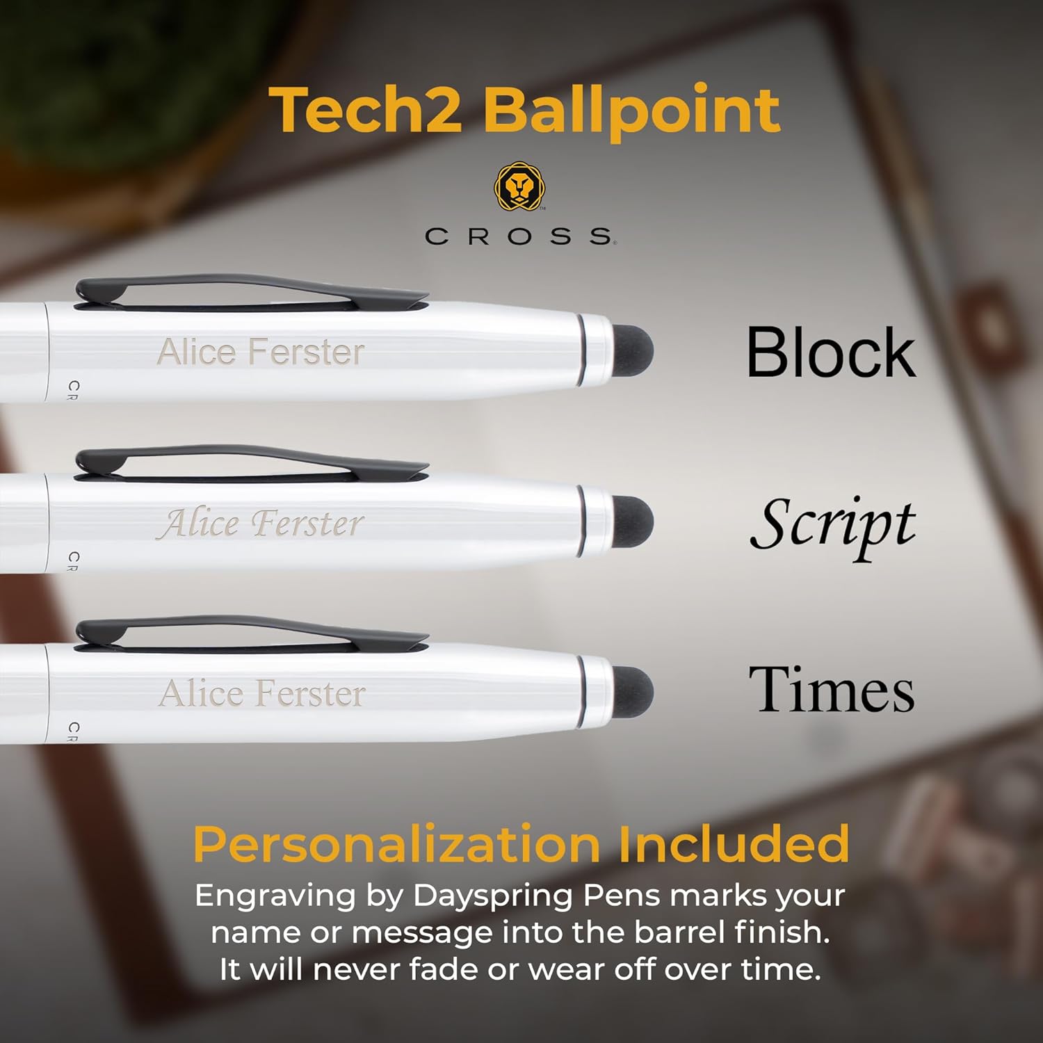 Engraved Cross Pen | Personalized Cross Tech2 Chrome Ballpoint Pen with a Stylus On The Cap. Multifunction Gift Pen with Stylus and Custom Engraving.