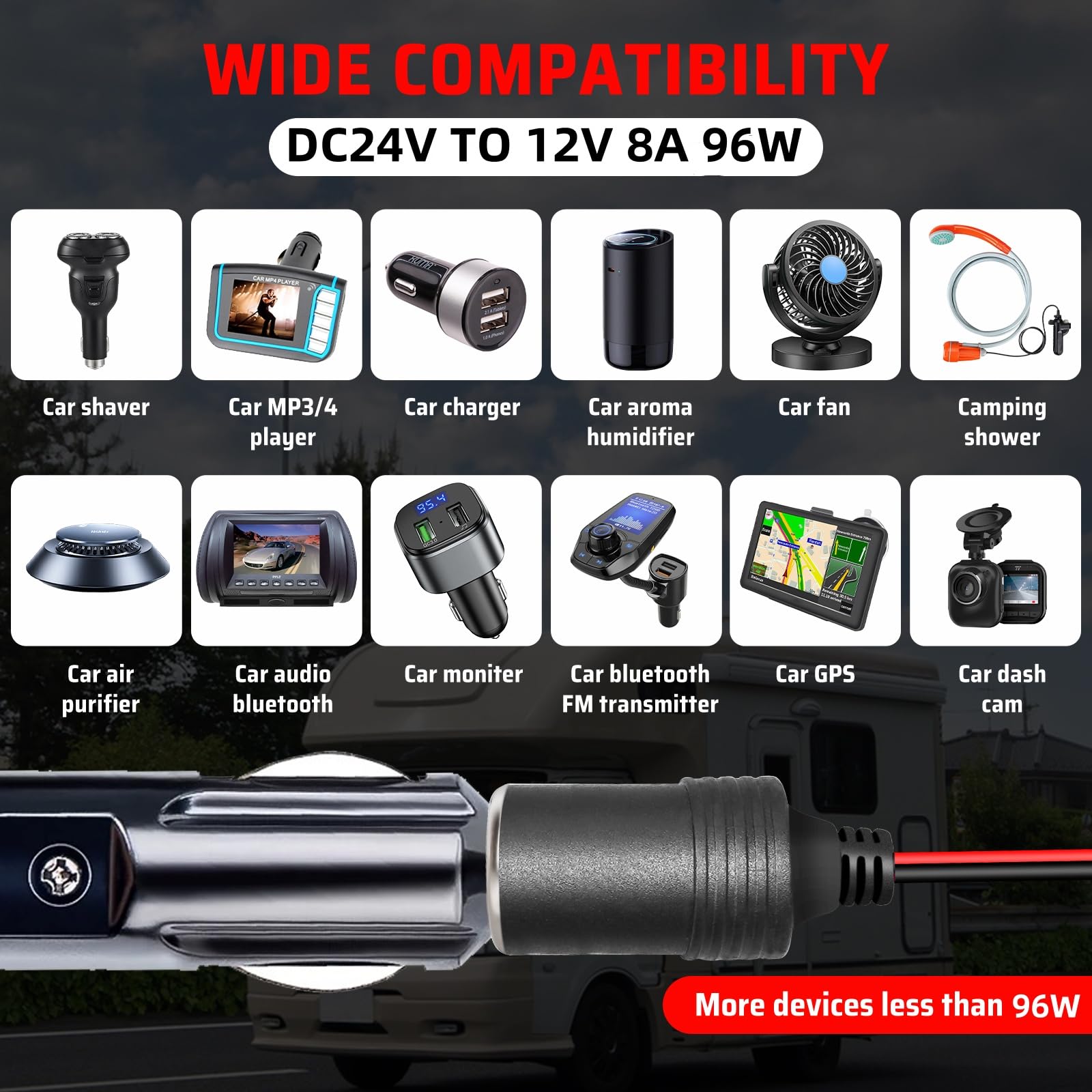 24V to 12V 8A 96W Cigarette Lighter Socket Step-Down Converter