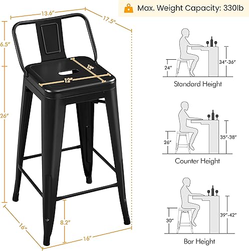 Miniatura 3 de Yaheetech Juego de 4 taburetes de bar de metal de 26 pulgadas, con respaldo bajo, taburetes de cocina para interiores y exteriores, sillas de bar