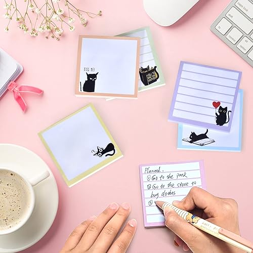 Miniatura 4 de Notas adhesivas de 3 x 3, lindas notas autoadhesivas, paquete de 6 divertidos blocs de notas de gato negro para regalo amante de los gatos,