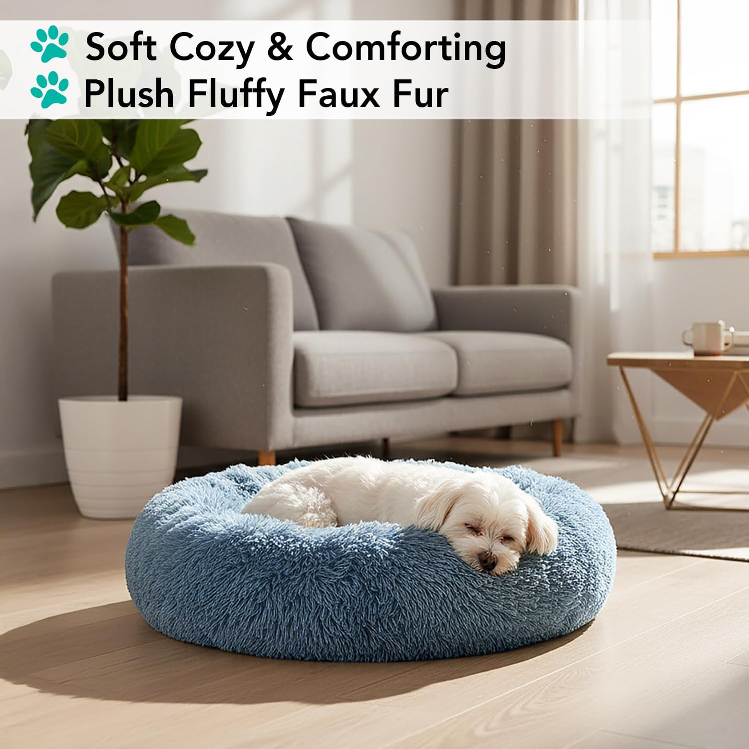 PetAmi Calming Dog Bed for Small & Medium Dogs and Cats, 23 Round Donut Dog Bed, Washable Fluffy Faux Fur Puppy & Cat Bed, Anti-Anxiety Plush Cuddler Pet Bed with Anti-Slip Bottom - Blue