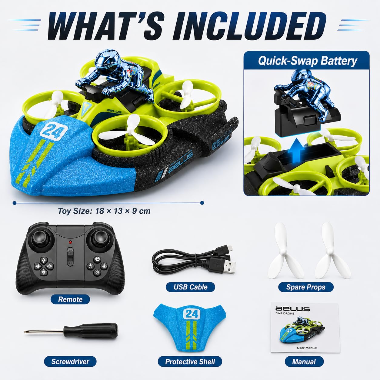 Drone RC 3 in 1 per Bambini, Hovercraft Remoto (Vert)
