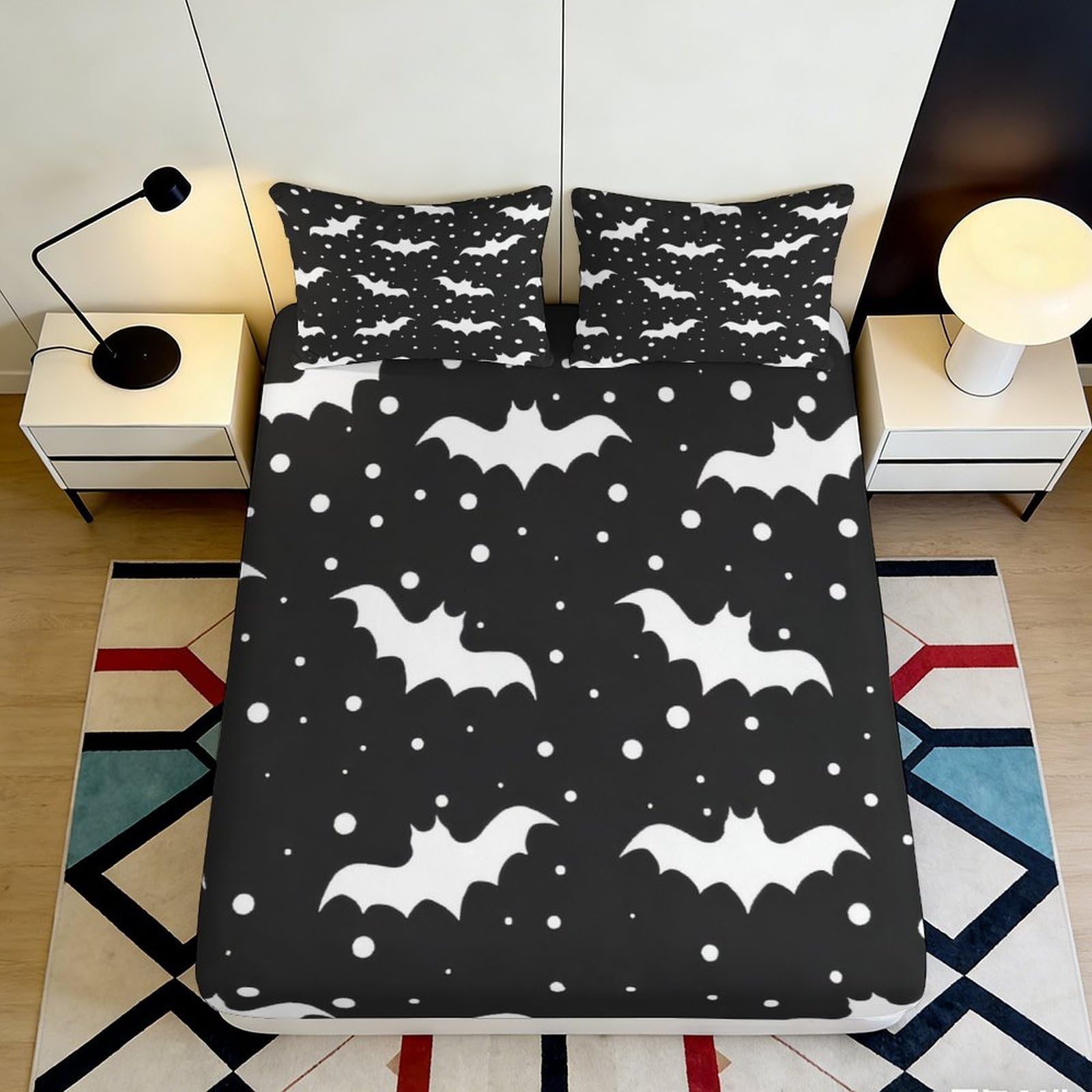 3D Printed Black Bat Pattern Fitted Sheet Microfiber Soft Breathable White Night Sky Mattress Cover for Bedroom Dorm Décor 90x200x25cm