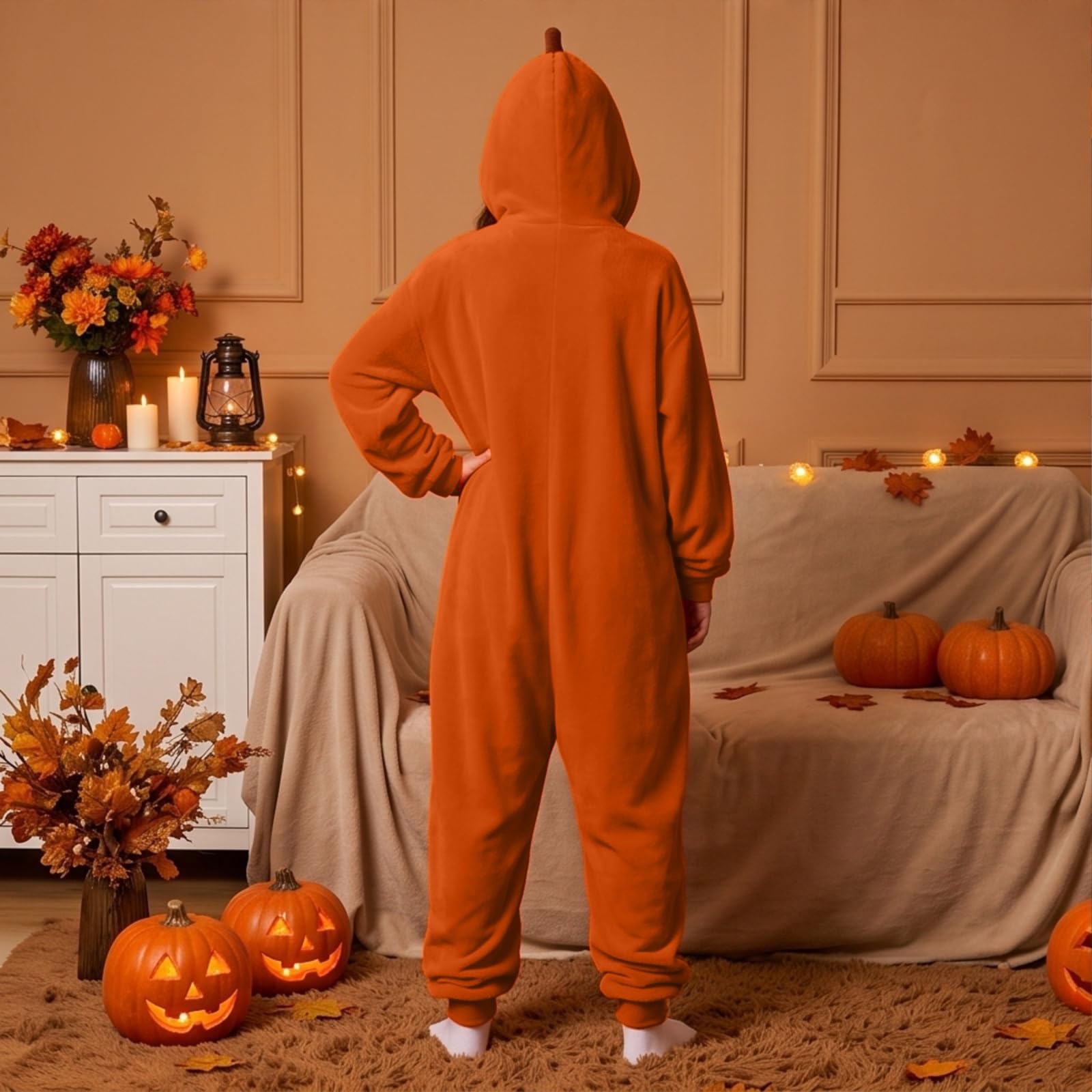 Pigiama Intera Halloween Donna, Costume Halloween Zucca con Cappuccio, Tuta Onesie in Pile Decorazioni, Pigiama Completo Adulto da Casa per Carnevale, Festa, Cosplay, Natale e Serate a Tema