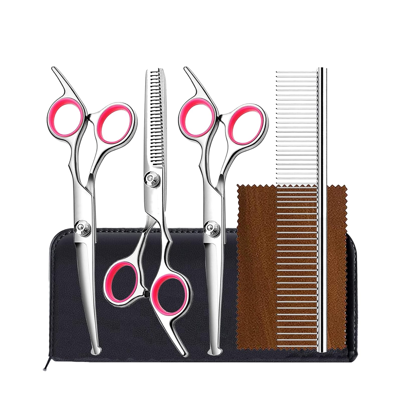 Pet Central Dog Grooming Shears Set – Stainless Steel Professional Kit – Thinning, Straight, and Curved Shears – Grooming Comb – Cleaning Cloth – Leather Case – Rounded Safety Edges – 4 Pcs