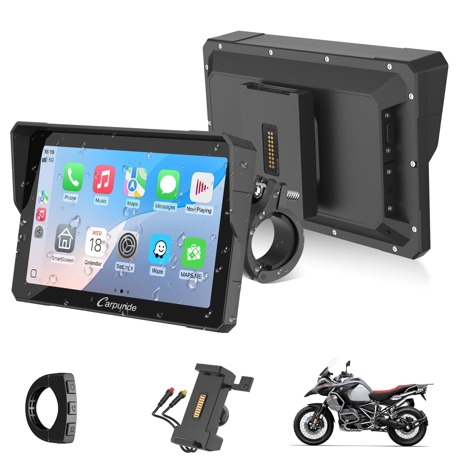 CARPURIDE W702S Pro Motocicleta CarPlay Pantalla con BM05 Soporte para Conectar y Usar, Inalámbrico CarPlay y Android Auto, 7" Impermeable Táctilpantalla, Dual Bluetooth, Control con Cable, Brújula.