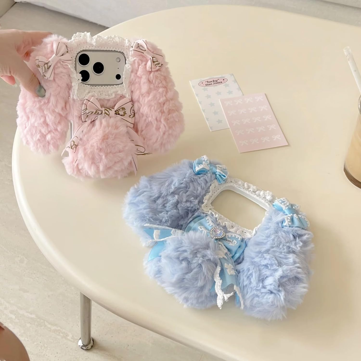 Plush Bunny Phone Case with Soft Fur Anti-Drop Protection, Cute Bow Design, Fluffy Kawaii Style, Aesthetic Protective Cover for Daily Use, Gift Idea for Girls (for iPhone 15,Blue) image 2