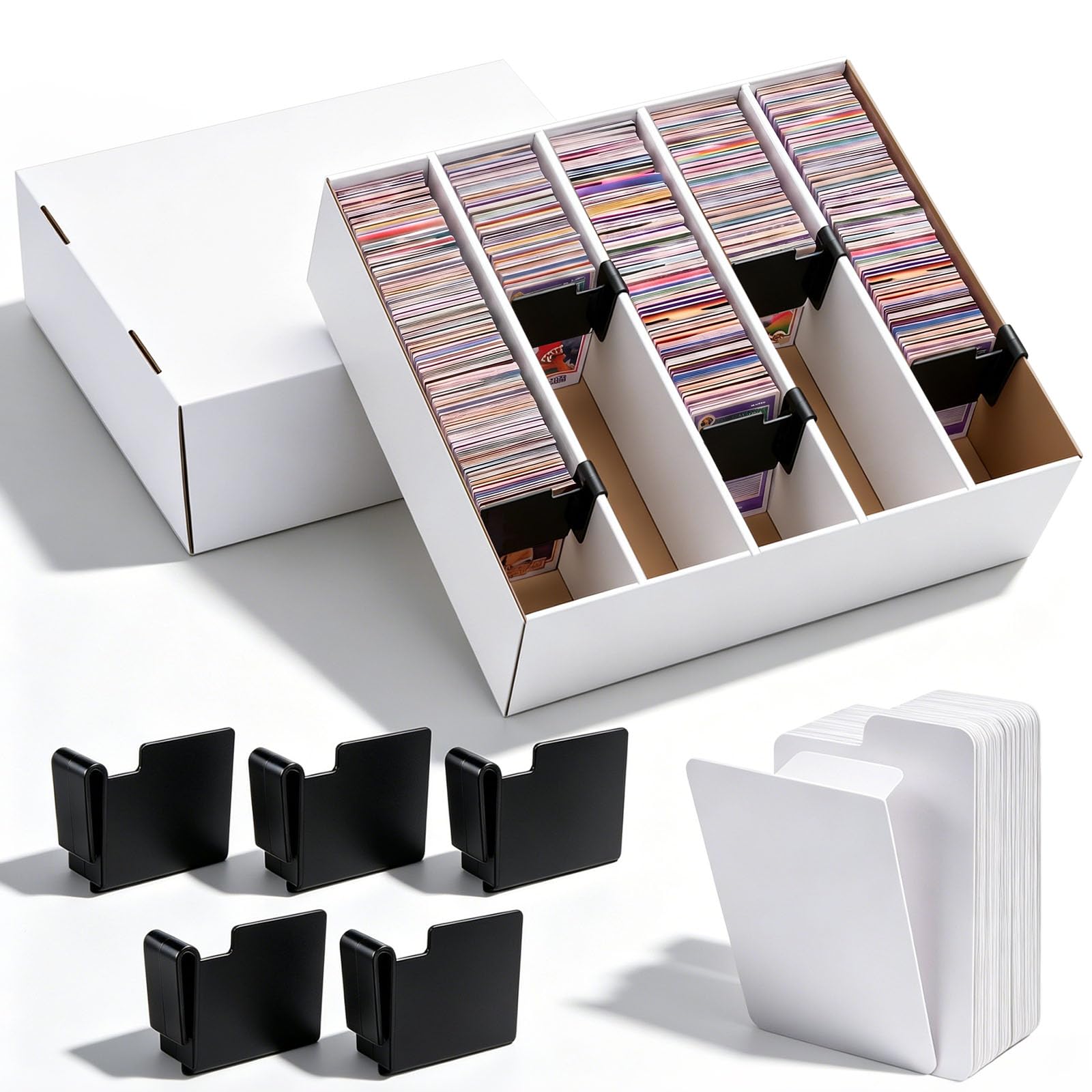 Chunful 1 Pack 4200 Count Trading Card Storage Box Collector Bulk with 5 Row 5 Clip-on Dividers and 50 Cardstock Bookmarks with Foldable Tabs for TCG Baseball Sports Cards