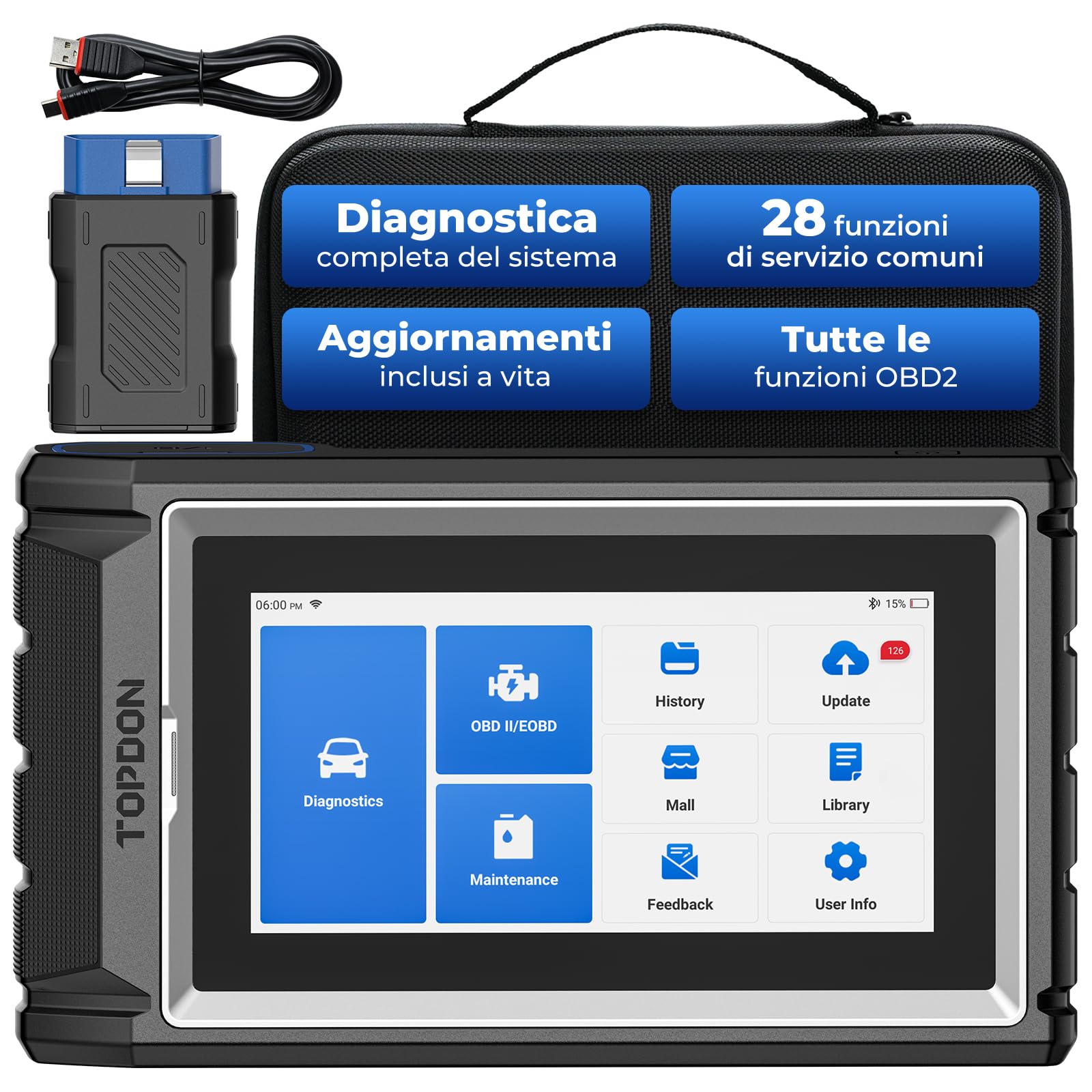 TOPDON ArtiDiag800BT 2 OBD2 Bluetooth Dispositivo diagnostico con tutte le diagnosi di sistema e 28 funzioni di servizio, Controllo Bidirezionale/Test Attivo, 2 Anni di Aggiornamenti Gratuiti