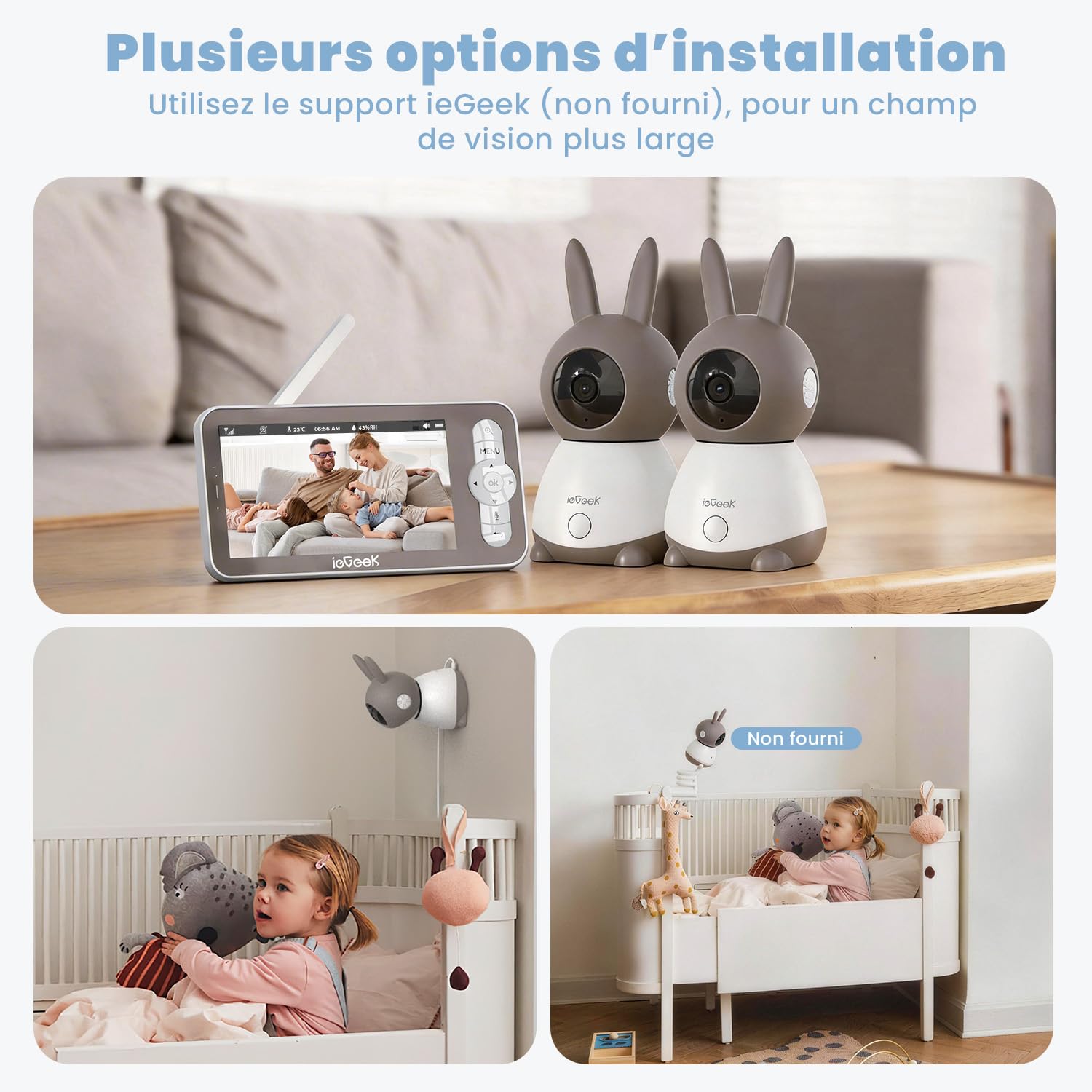ieGeek Babyphone Vidéo Bébé 5" Écran, 2 Caméras 2K PTZ 360°, APP 2.4GHz & Écran sans WiFi, Détection de Cris & Mouvement, Température Humidité, Vision Nocturne Invisible