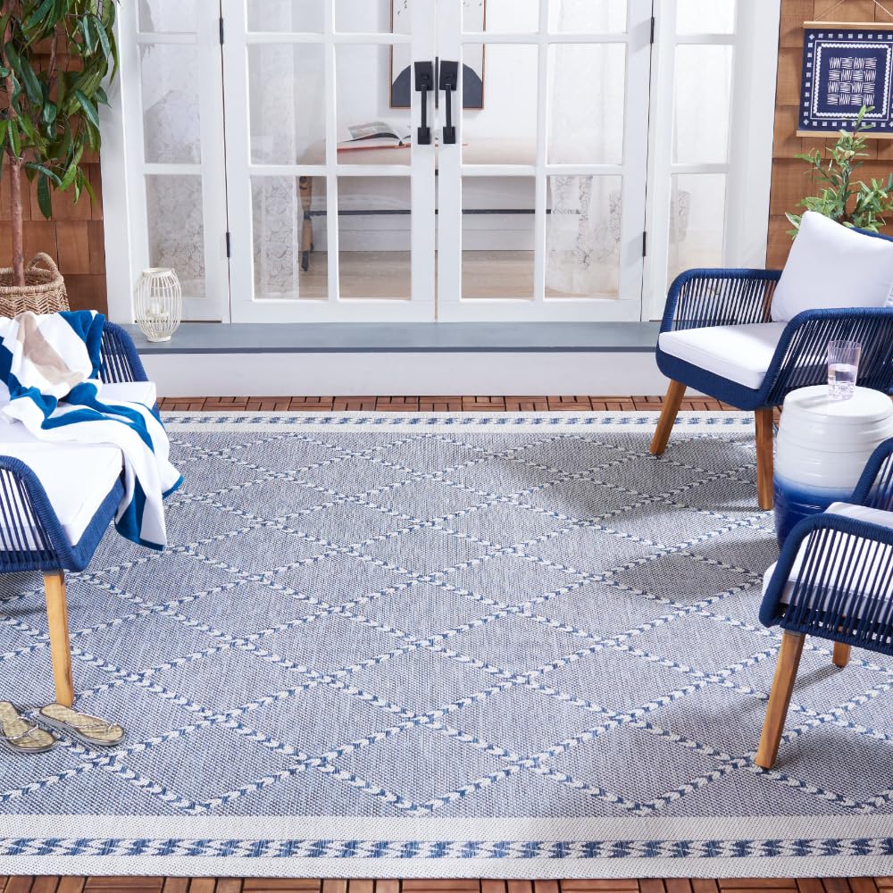SAFAVIEH Washable Rug Outdoor Courtyard Collection - 8' x 10', Navy & Ivory, Non-Shedding & Easy Cleaning, Ideal for Patio, Backyard, Mudroom, Dining