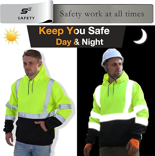 Miniatura 41 de sesafety Sudadera de seguridad de alta visibilidad para hombre, sudadera con capucha reflectante con cremallera clase 3, sudadera con capucha