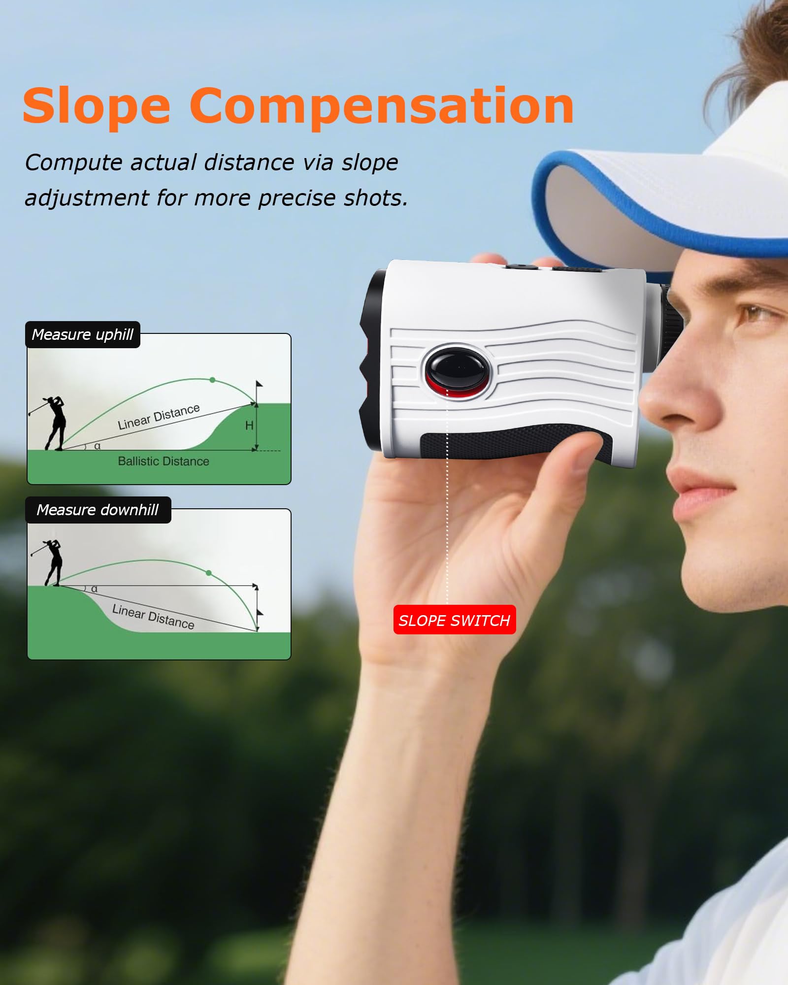 Télémètre de golf avec pente – Télémètre laser de 1 200 m avec sangle magnétique, vibration de verrouillage du mât de drapeau, grossissement 7x, étanche IPX4 rechargeable, accessoires de golf