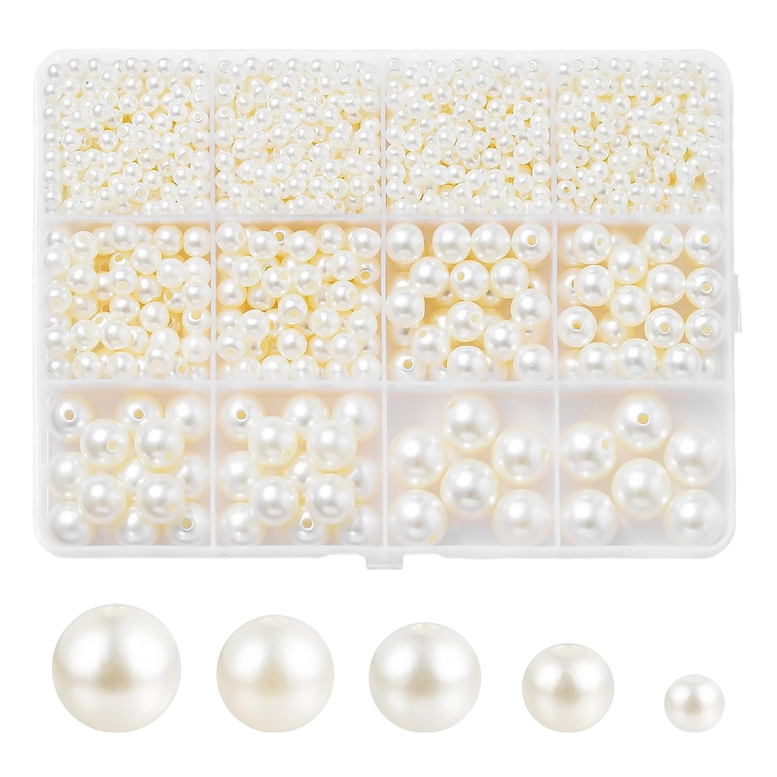 1200Pcs Pearl Beads for Jewellery Making, Assorted Sizes Round Faux Pearls, Ivory White Round Pearl Beads with Hole for DIY Crafts, Necklace Bracelet Earring Decoration