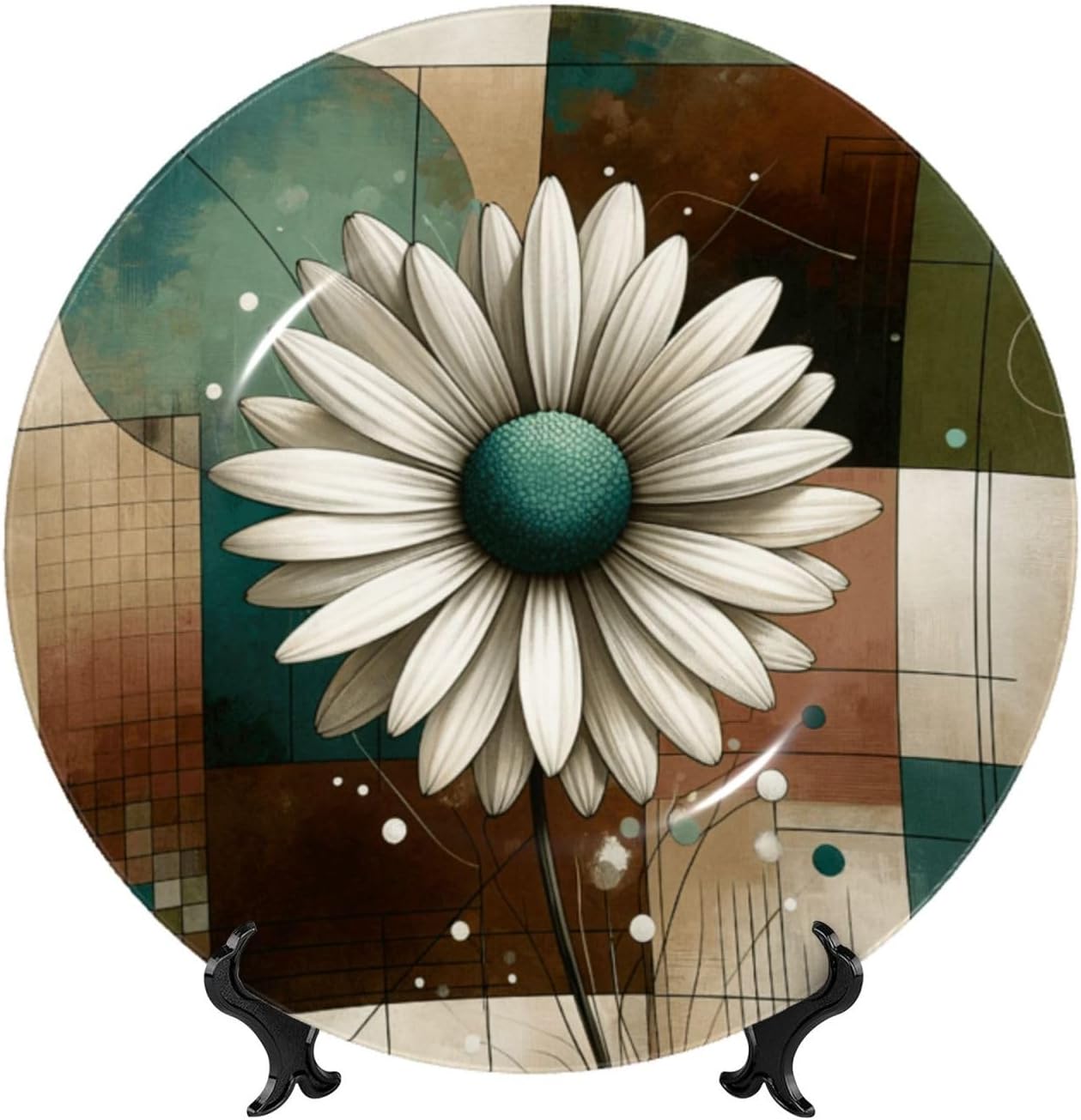 Abstract-Geometric-Daisy 10 Inch Decorative Plate With Stand, Elegant Display Wall Plate For Home Decor