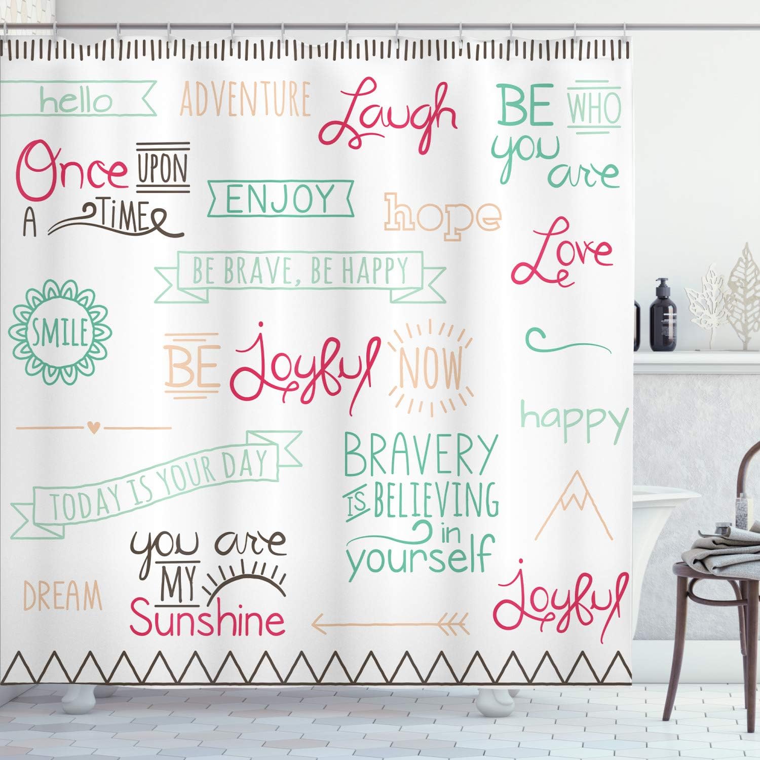Ambesonne Adventure Shower Curtain, Various Words on Happiness and Self Value Uplifting Phrases Being Who You are, Cloth Fabric Bathroom Decor Set with Hooks, 69" W x 75" L, Dark Pink