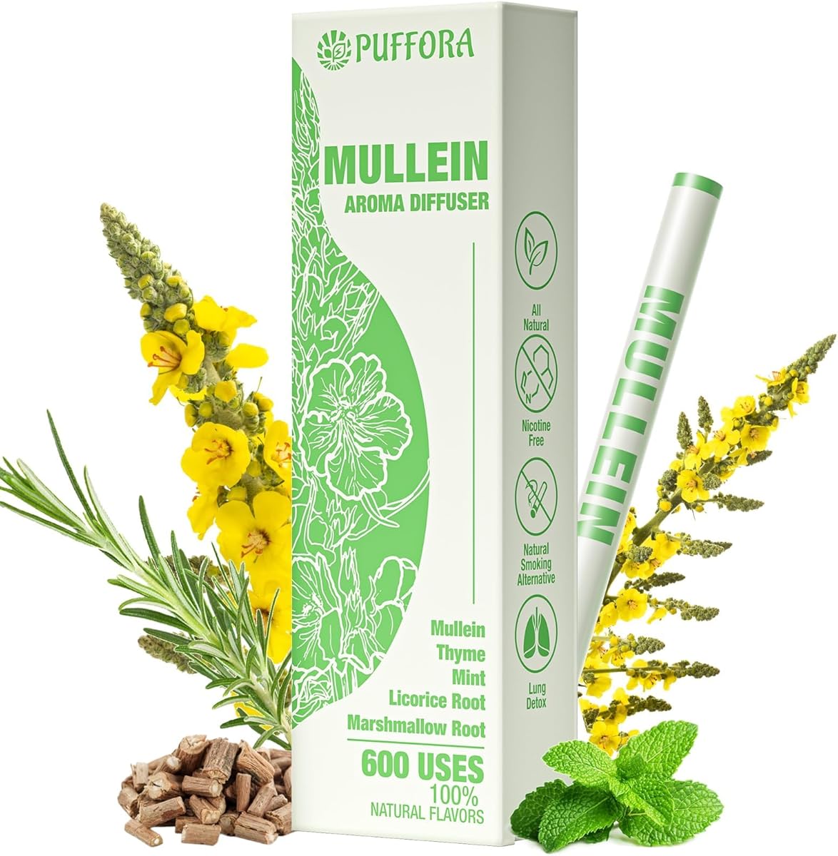 Puffora Herbal Diffuser Pen, Lung Rest Inhaler Pen, Extracts of Mullein, Thyme, Marshmallow for Better Breathing, Habit Transition, Health Companion for Travelers &amp; Daily Use, 600 Uses (1 Pack)