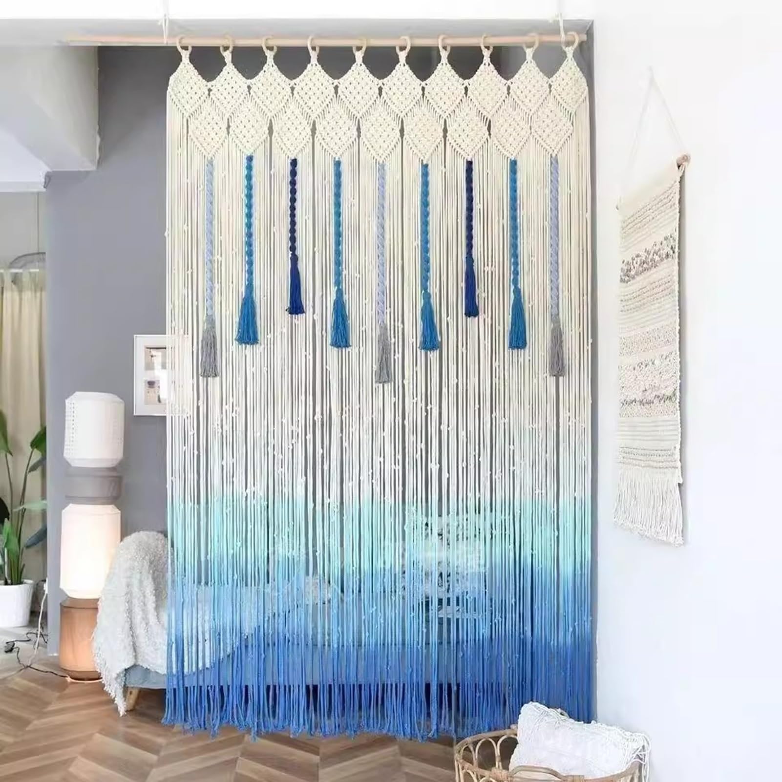 Rideaux en macramé Rideaux en Macramé Bleu pour Fenêtres, Tenture Murale en Macramé Long en Coton, Rideau À Cordes pour La Décoration Murale(39.4x70.9in)