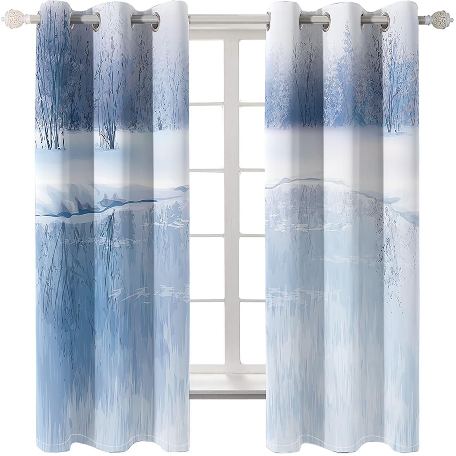Rideau Occultant Fenetre Balcon 2 Panneaux,2 x 137W x 274H CM,Rideau Oeillet Paysage d'Arbres Enneigés et Lac Rideaux Sejour Gris