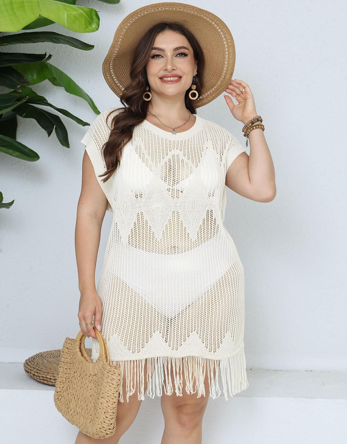 Alsol Lamesa Women's Plus Size Tassel Swimsuit Cover Up 2026 Crochet Loose Bathing Suit Hollow Out Knit Beach Dress XL-5XL