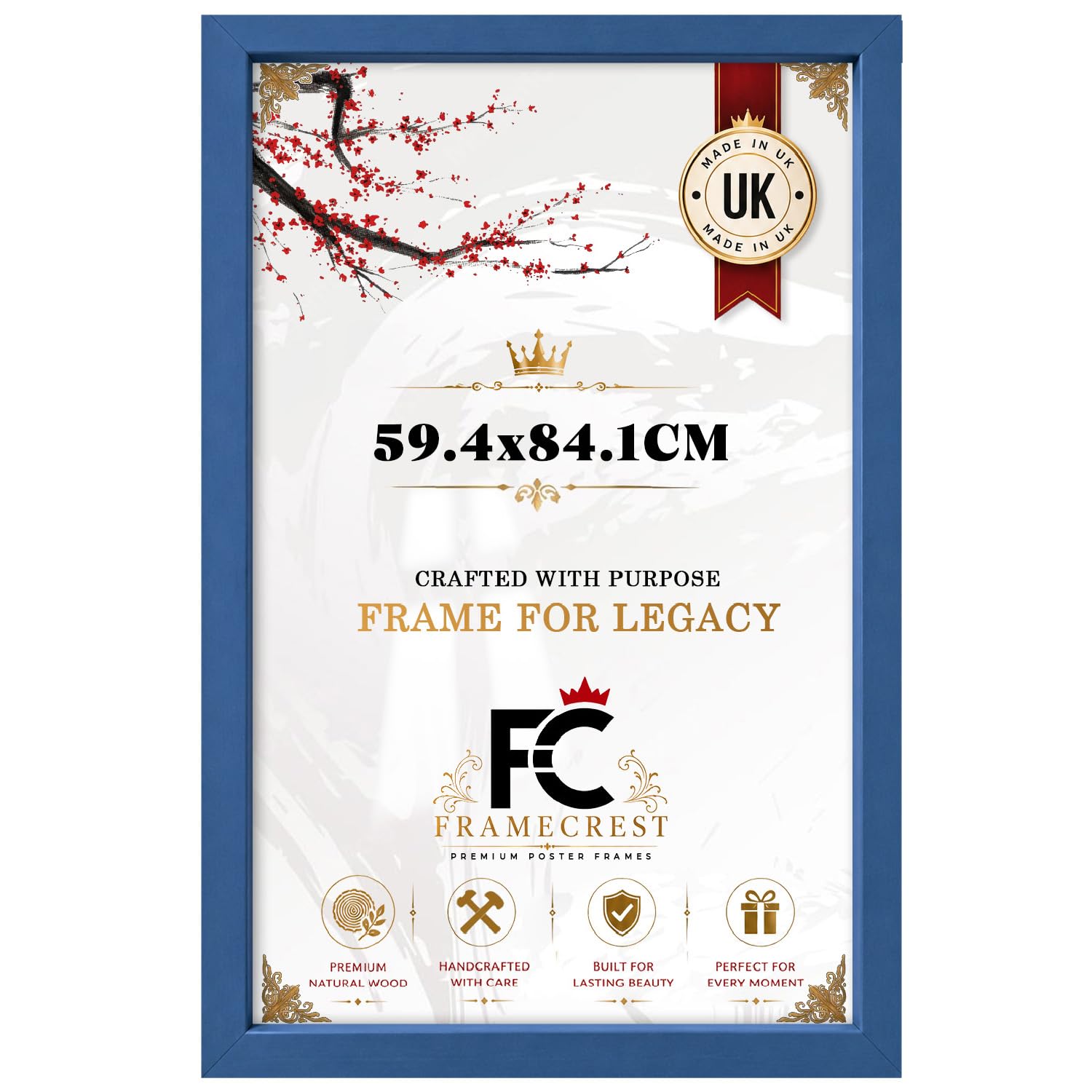 FRAMECREST 59.4x84.1cm MDF Poster Frame Blue | Engineered Wood with Crystal Clear Perspex | Modern Wall Mount Frame for Posters Photos Artwork Gallery Home Decor- [Blue]