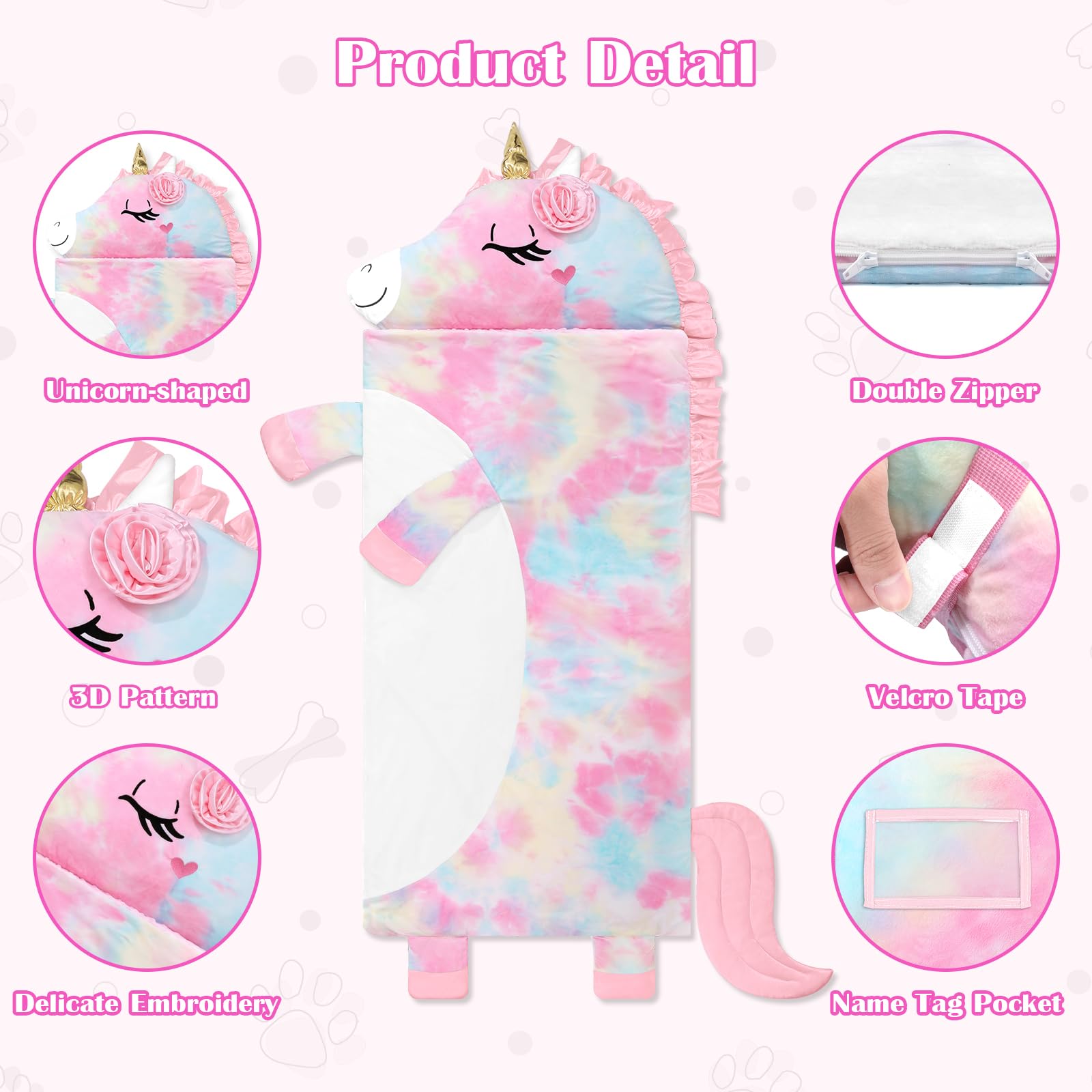 Kids Sleeping Bag with Pillow,Nap Mat for Toddler Boys Girls,Warm Plush Unicorn Toddler Slumber Bag 170x70 cm - Image 3