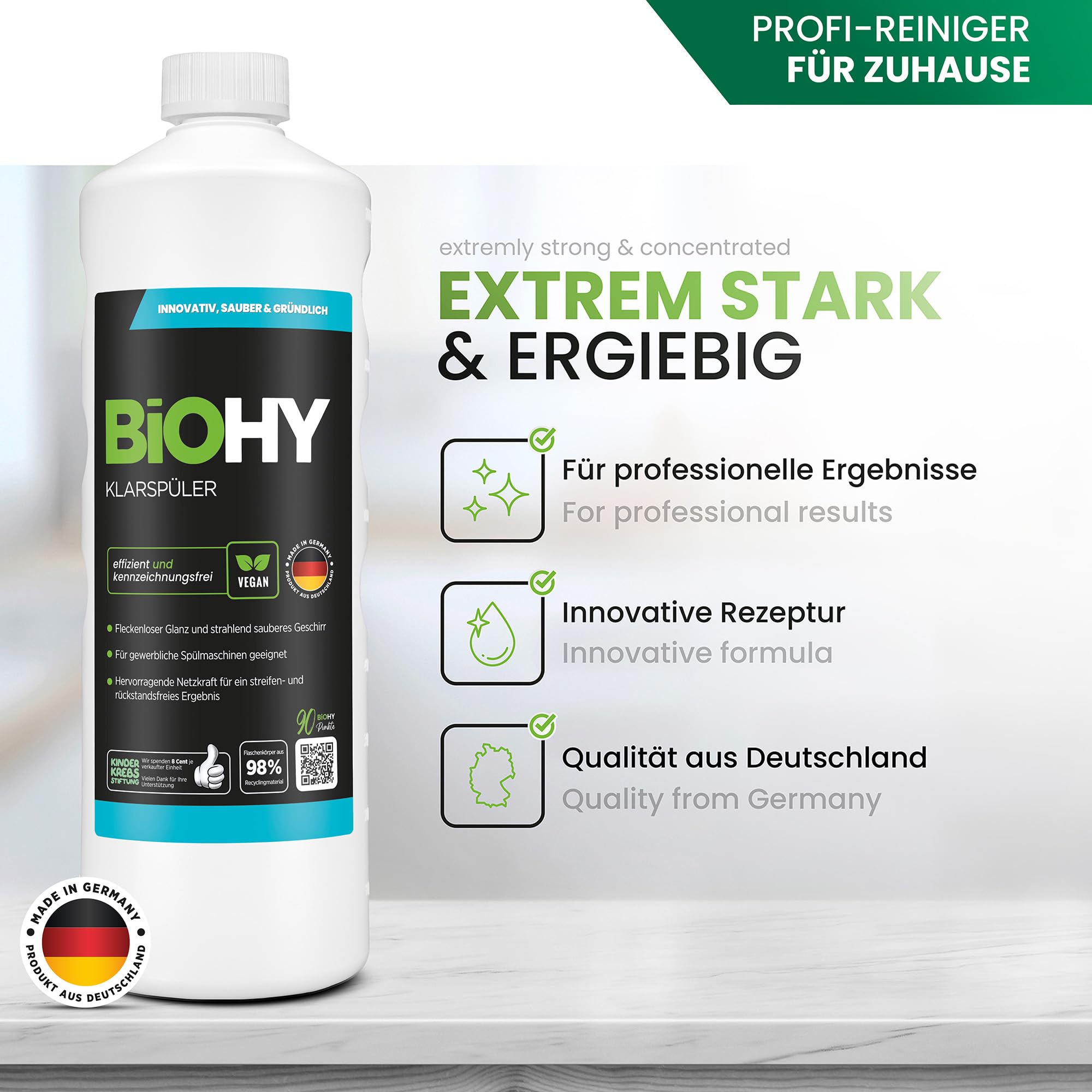 BiOHY Abrillantador (3 botellas de 1 litro) + Dosificador | Apto para todos los lavavajillas | para un brillo inmejorable en los vasos y platos sin manchas de agua (Klarspüler)