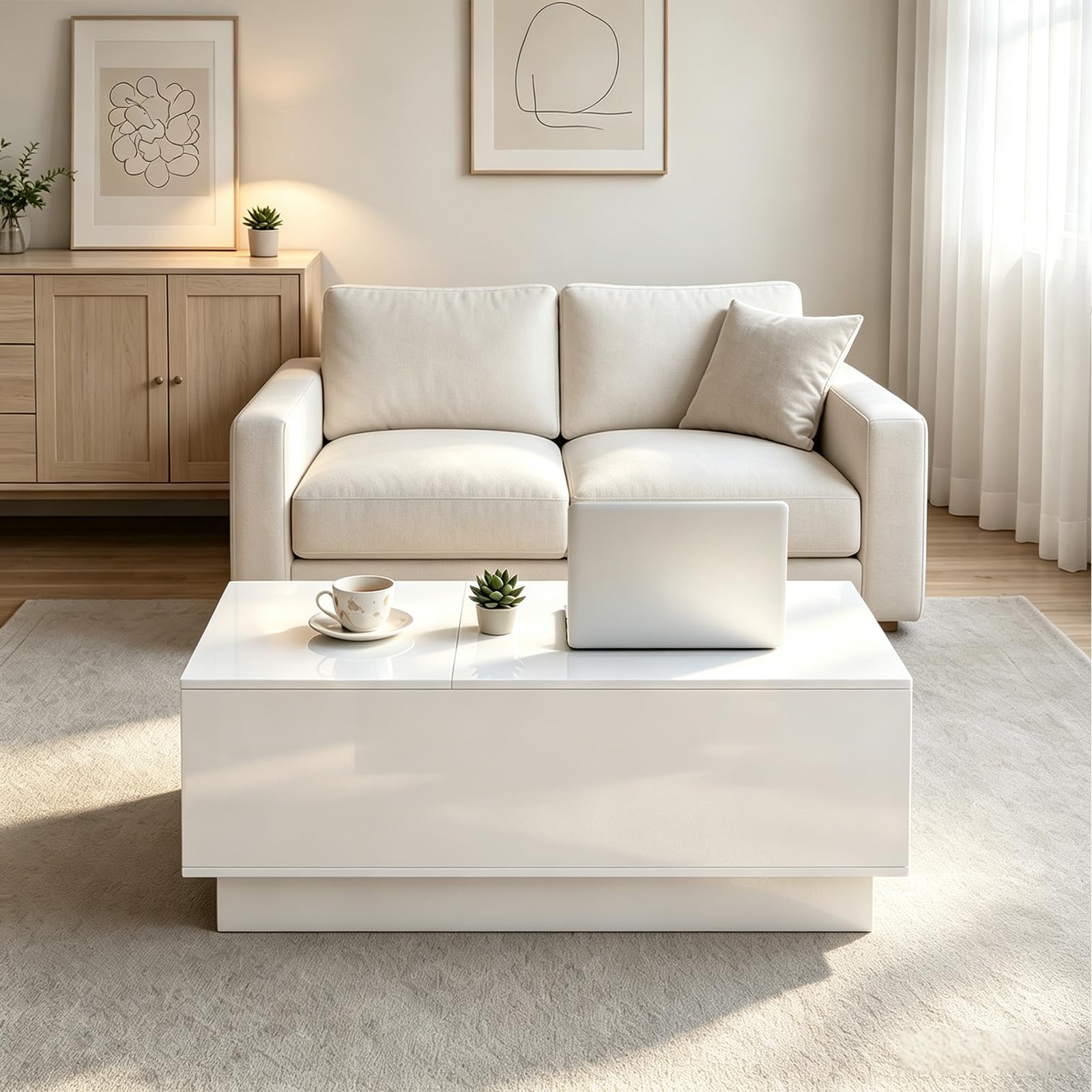 Couchtisch Höhenverstellbar, Wohnzimmertisch Hochglanz mit Verstecktem Stauraum und Schubladen Modern, Couchtisch Hochglanz mit Hebeplatte, 100 x 50 x 40 cm, Weiß