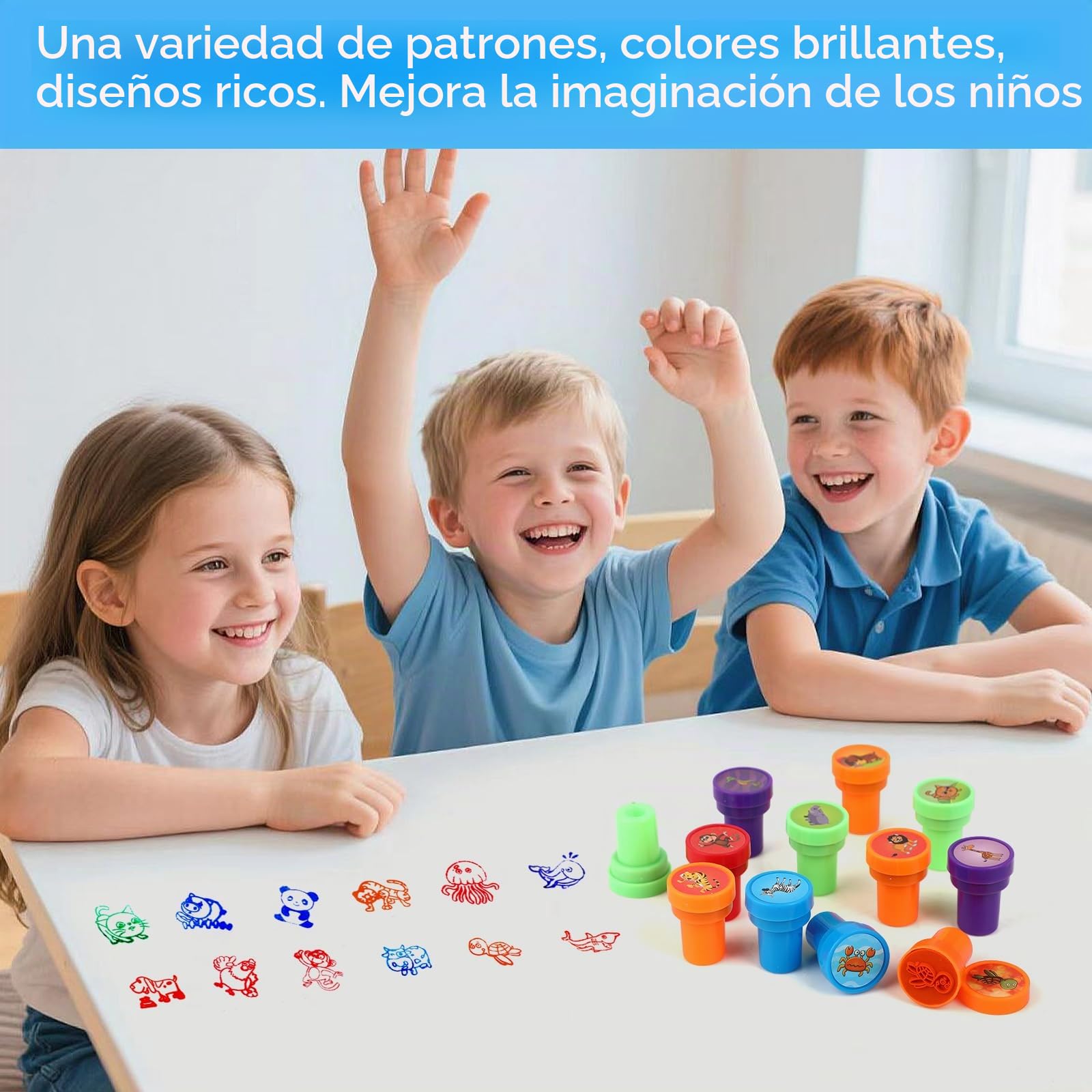 RMIVEGLIA Set de 30 Sellos Infantiles – Sellos para Niños Autotintables con Dibujos de Animales, de Plástico en 5 Colores, Regalos Cumpleaños Niños Colegio, Detalles para Fiestas.