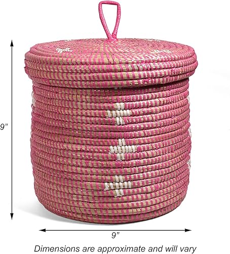 Miniatura 3 de Cesta africana tejida a mano con tapa de 9 pulgadas, rosa con flores blancas
