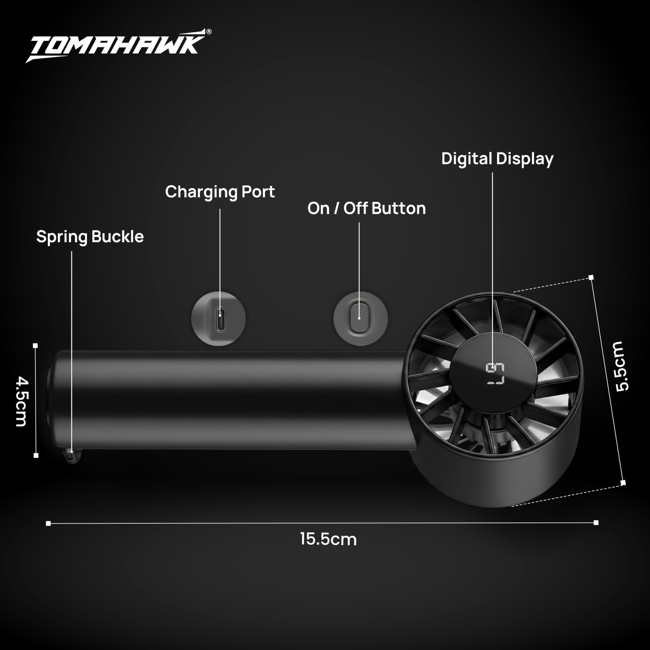 Tomahawk® HHDF-1475 Portable Rechargeable Mini Fan with 2000mAh Battery 3 Speed Modes (Low/Medium/High) USB Powered 5V/2A Compact & Lightweight Cooling Fan for Home, Office & Travel 4
