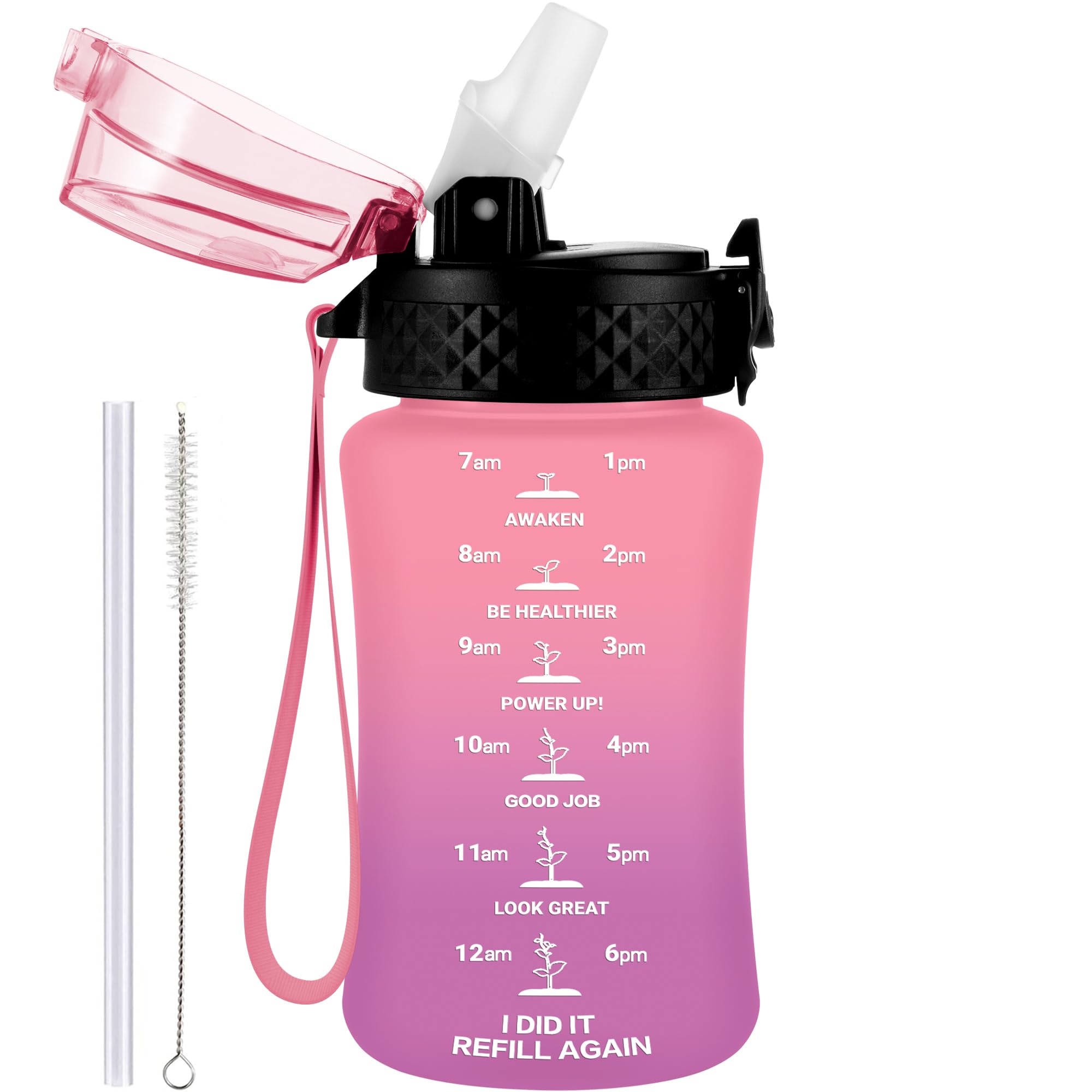 GOPPUS 350ml/12oz Kids Water Bottle With Straw Tritan Drinks Bottle with Strap Small Toddler Juice Bottles with Flip Top Lid Leakproof Children's Cup with Time Marking BPA free Girl Boy (Pink Purple)