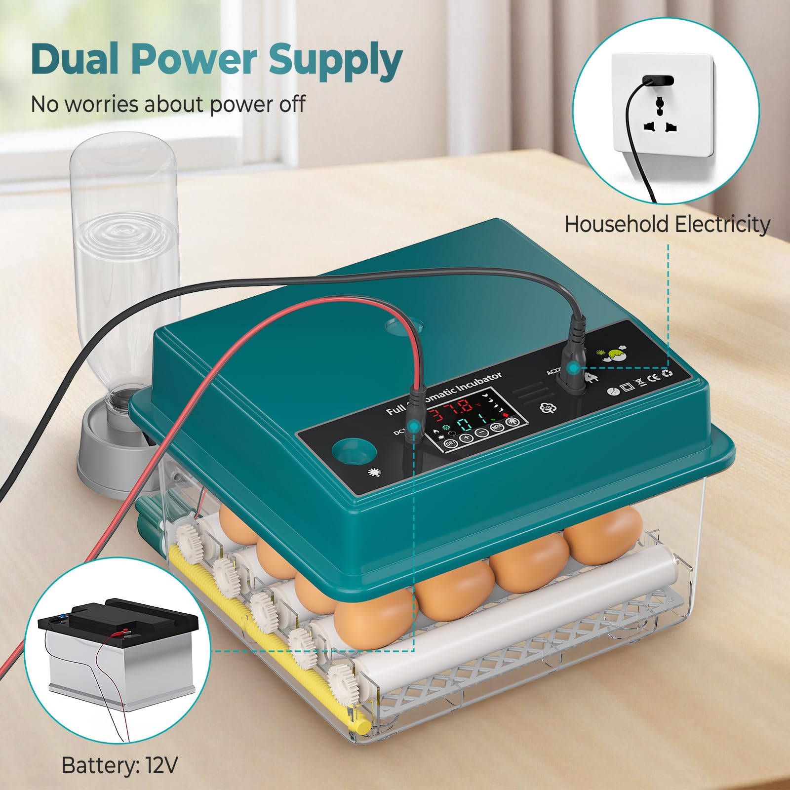 Incubadora Huevos Gallina, Incubadora de 16-64 Huevos con Volteo Automático de Huevos y Humidificación Automática, Fuente de Alimentación Dual, Pantalla LED, Lámpara de Huevo (16 Huevos)