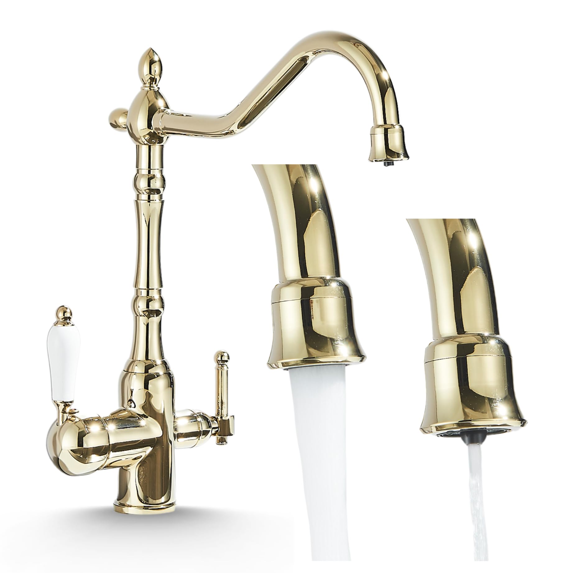 Grifo de cocina retro 2 de 3 vías con conector de filtro de agua, caño giratorio de 360°, canales de agua separados para filtrado en frío y caliente, válvula de cerámica, montaje de un solo orificio