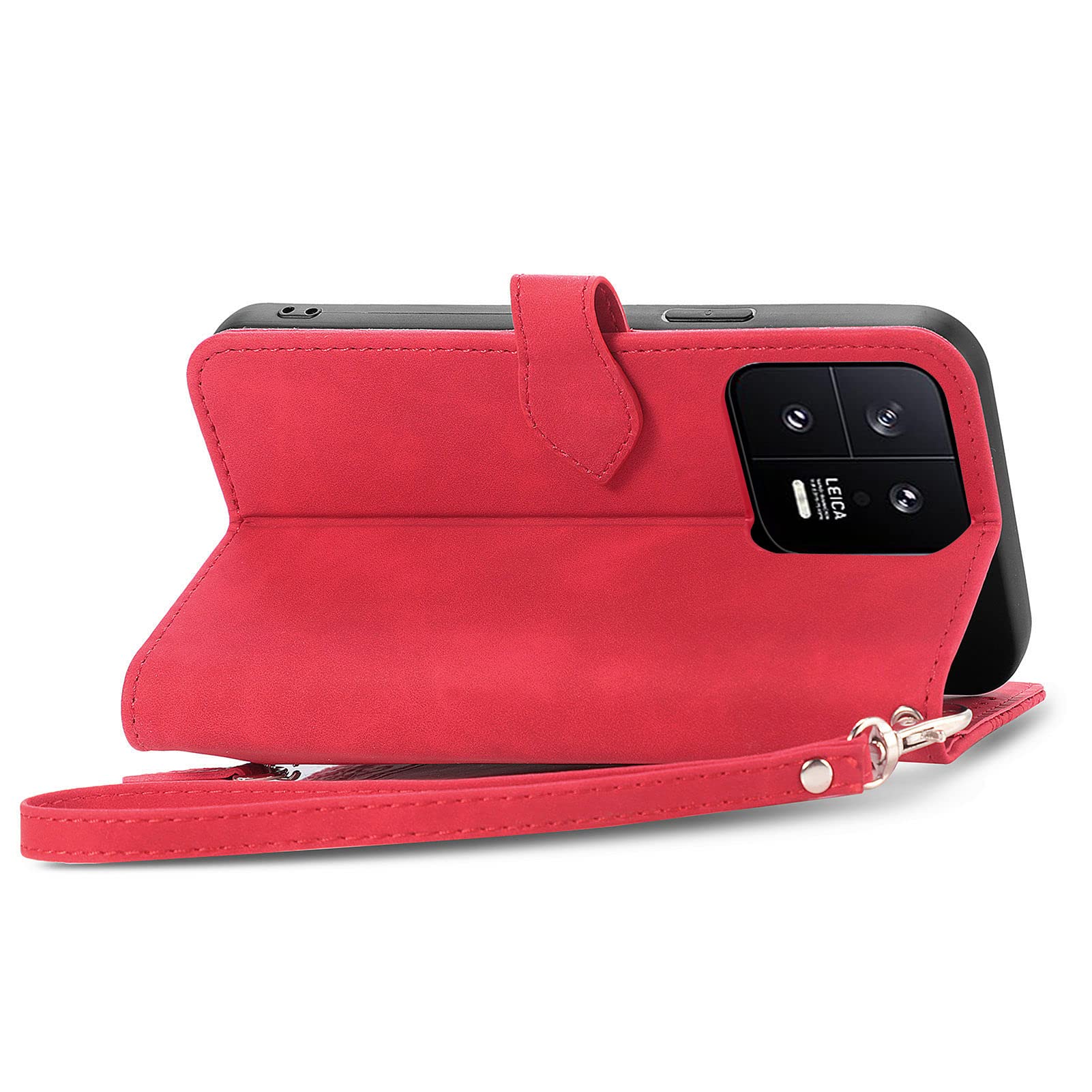 Custodia a Libro Cover Portafoglio per Xiaomi 13 5G Flip Case in Pelle Fiori Donna con Tasca Zip Porta Carte Laccio Supporto Antiurto - Rosso
