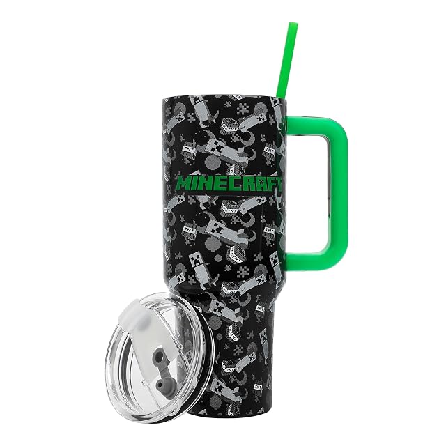 Bioworld Minecraft Creeper TNT 40 Oz Black Stainless Steel Tumbler With Handle