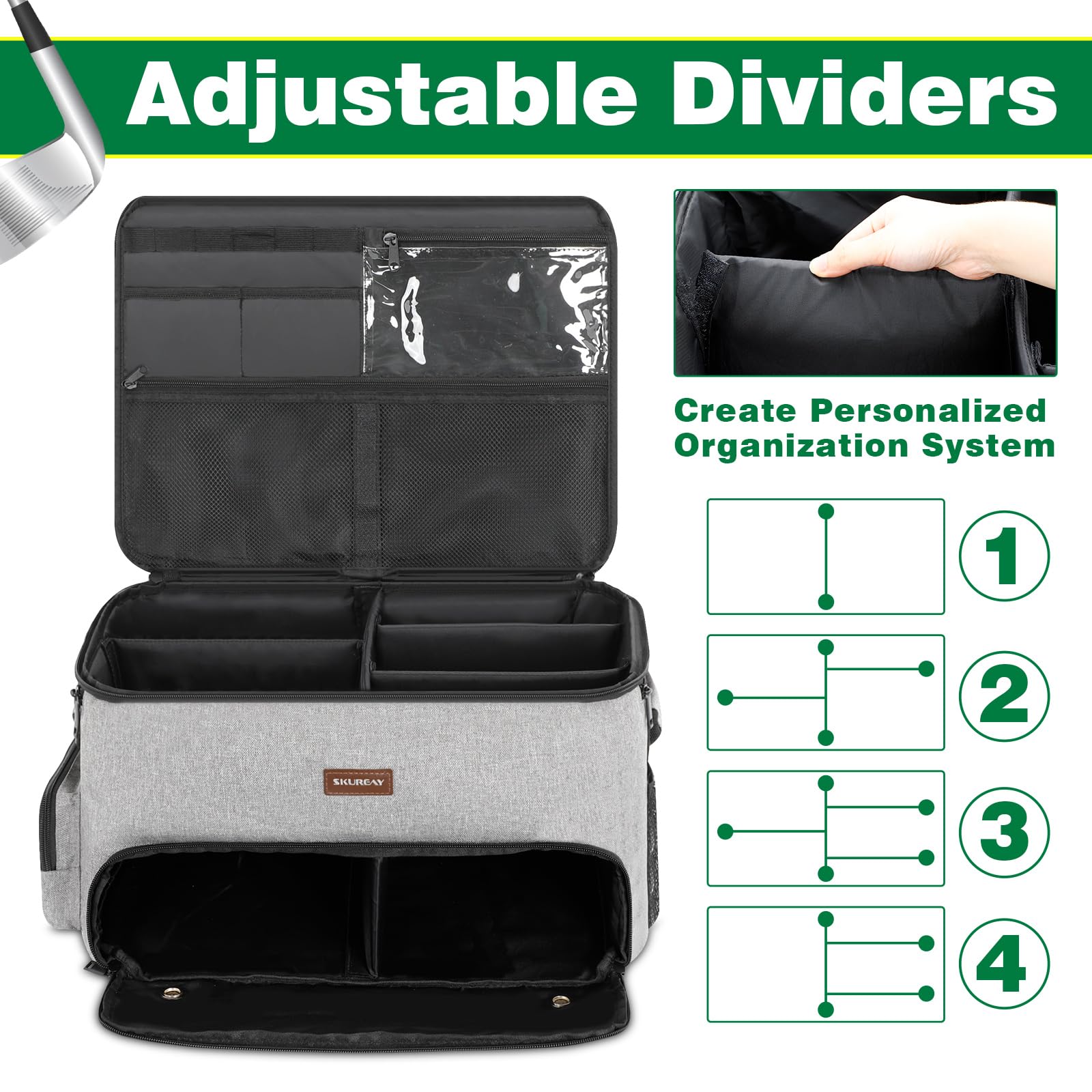 Organizador de maletero de golf para coche, 2 capas, con compartimento para zapatos ventilado separado, organizador de coche de golf gris para accesorios de golf, almacenamiento de coche para
