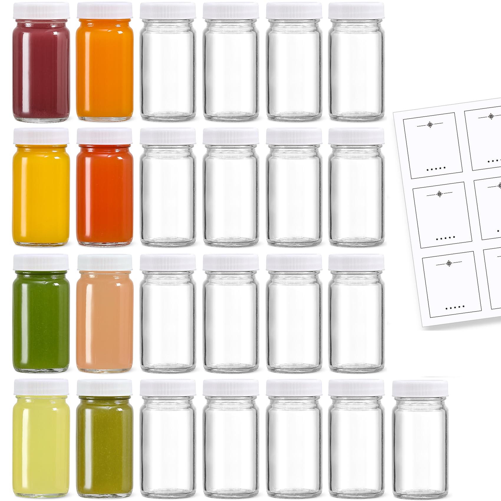 25 Pack 2 oz Glass Shot Bottles w/ White Lids & 25 Labels - Small Clear Jar for Ginger, Wellness Shot, Juice, Sample, Whiskey - Travel Essentials Mini