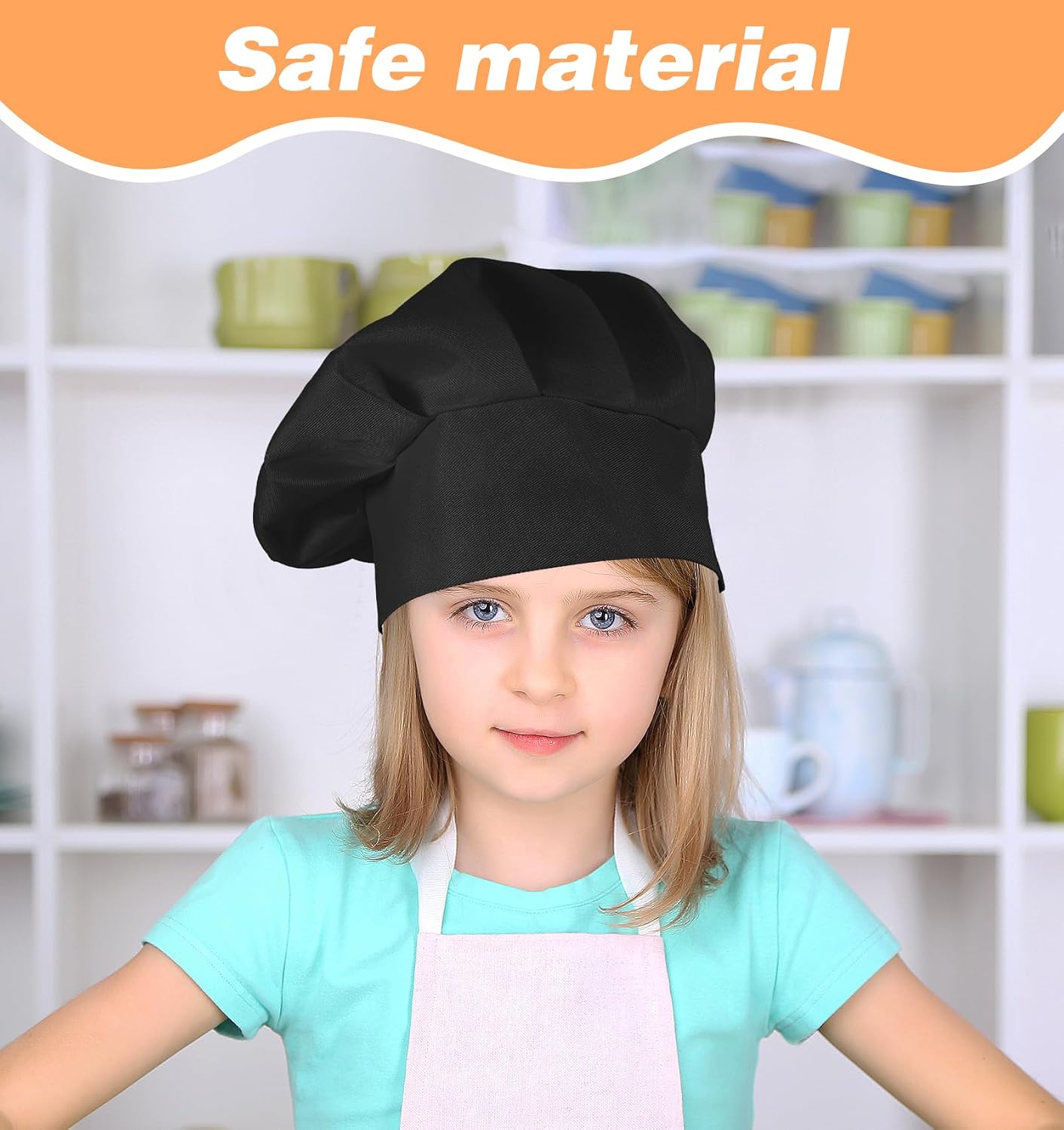 2Pcs Kids Chef Hats, Adjustable ElasticChef Hat for Kids for Boys & Girls, Polyester Cooking Cap for Kitchen Baking (Black)