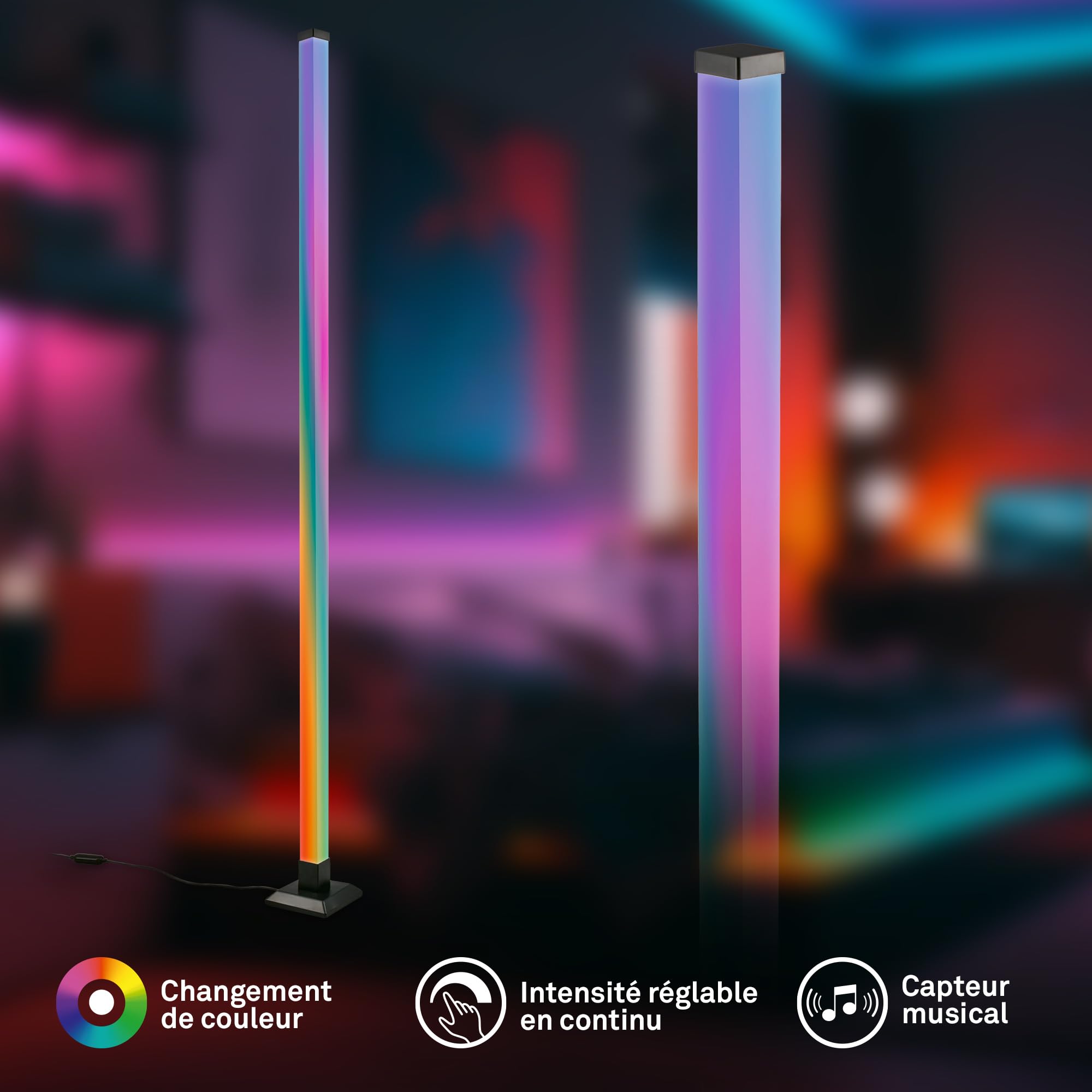 BRILONER - Lampadaire LED avec télécommande, intensité lumineuse variable, capteur de musique, gaming, lampadaire sur pied salon, lampe sur pied, 150x12,5x12,5 cm, noir