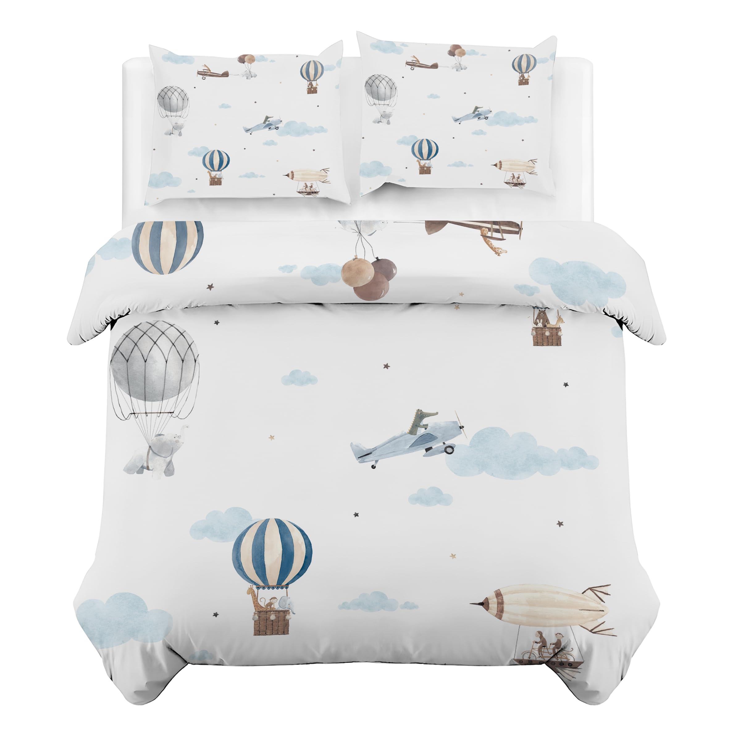 Globo AerostáTico Funda Nordica Cama 90 Infantil AvióN Ropa de Cama 3 Piezas, Microfibra Suave Transpirable Funda de Edredon Nordico 150x220 cm y 2 Funda de Almohada 50x75 cm, con Cremallera