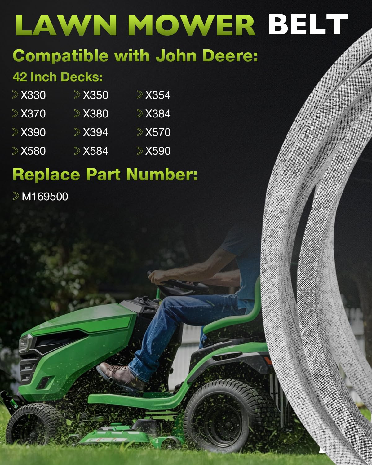 Cinghia di trasmissione per tosaerba M169500, 27,7 x 1,5 cm, compatibile con John Deere X330, X350, X354, X370, X380, X384, X390, X394, X570, X580, X584 X590 con tavola da 122 cm