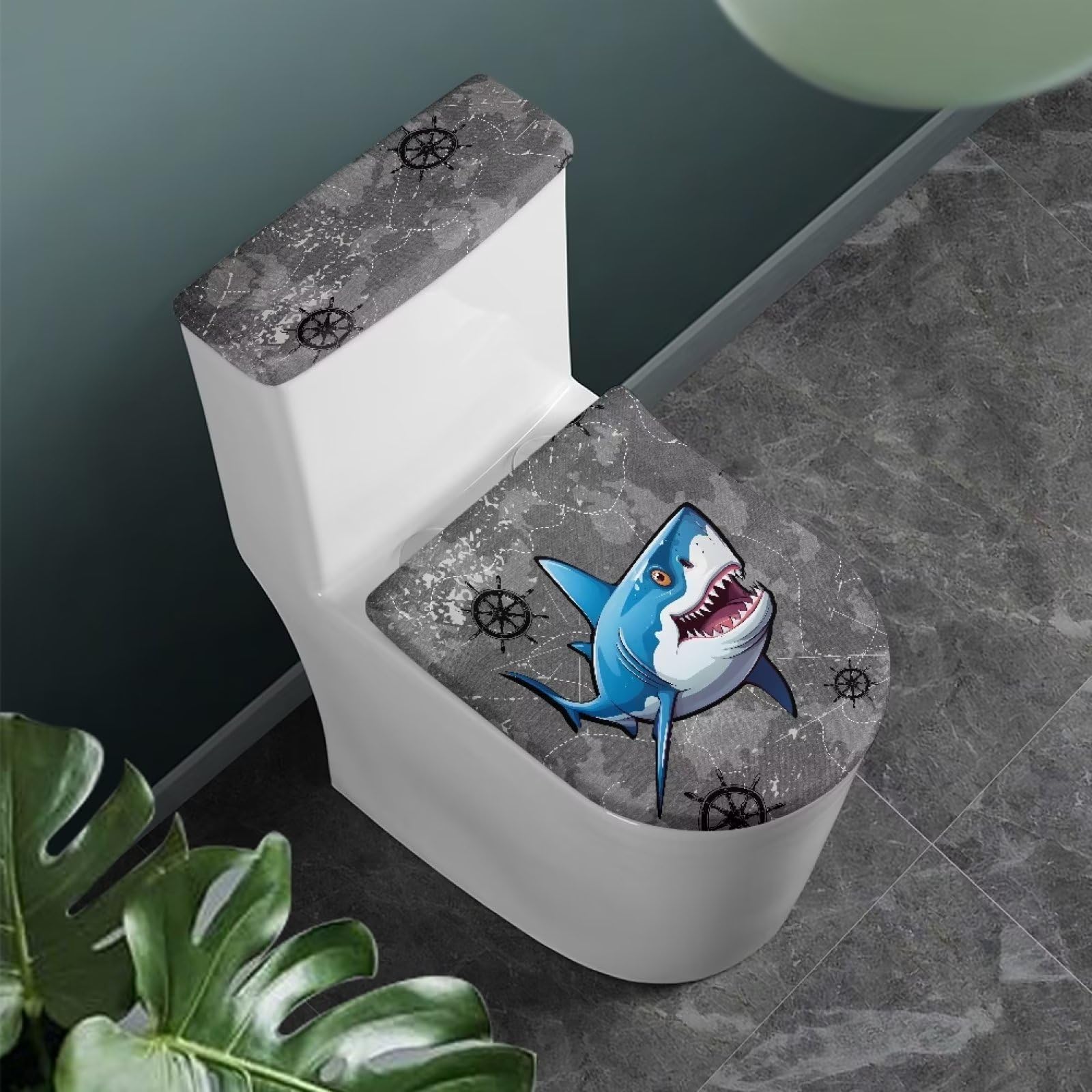 Dolyues Shark Toilet Lid Cover and Toilet Tank Lid Cover Set of 2 Pcs, Cool Animal Print Soft Toilet Cover Dust Cover with Elastic Edge Fits Most Size Toilet Lid and Toilet Tank